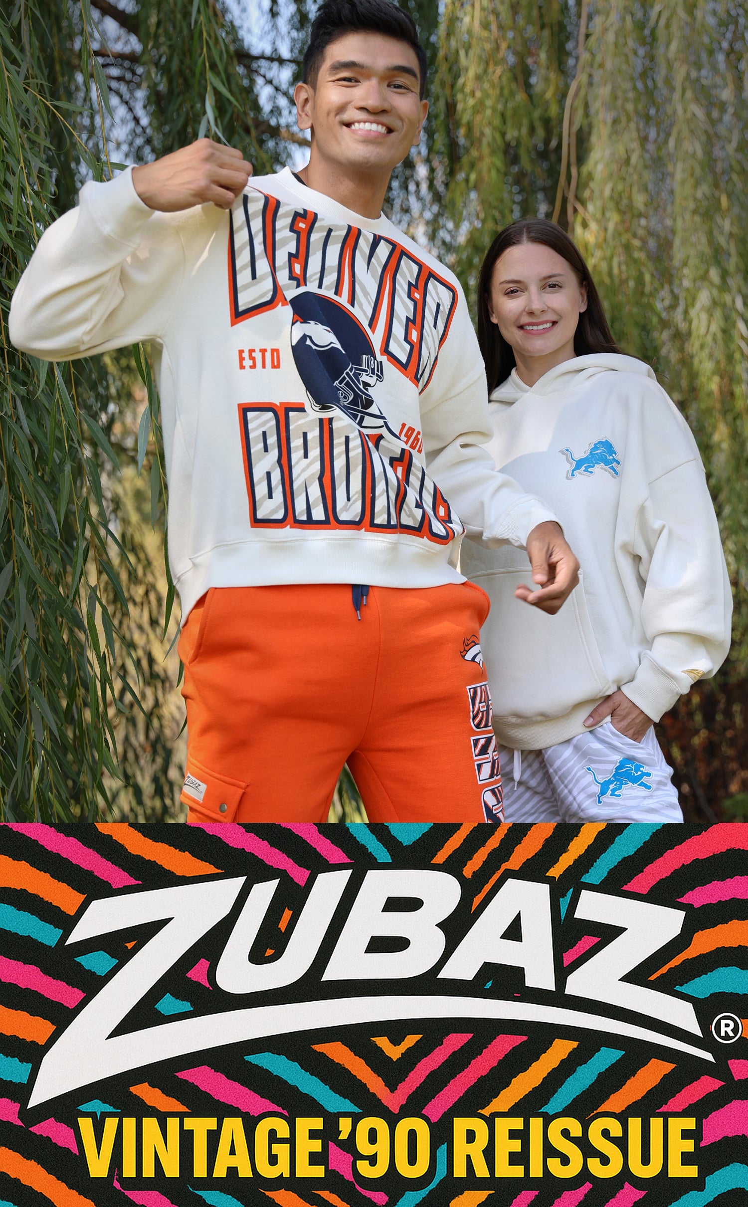 Zubaz NFL UNISEX 90s Vintage First Down Drop Shoulder Crewneck- Off Wh