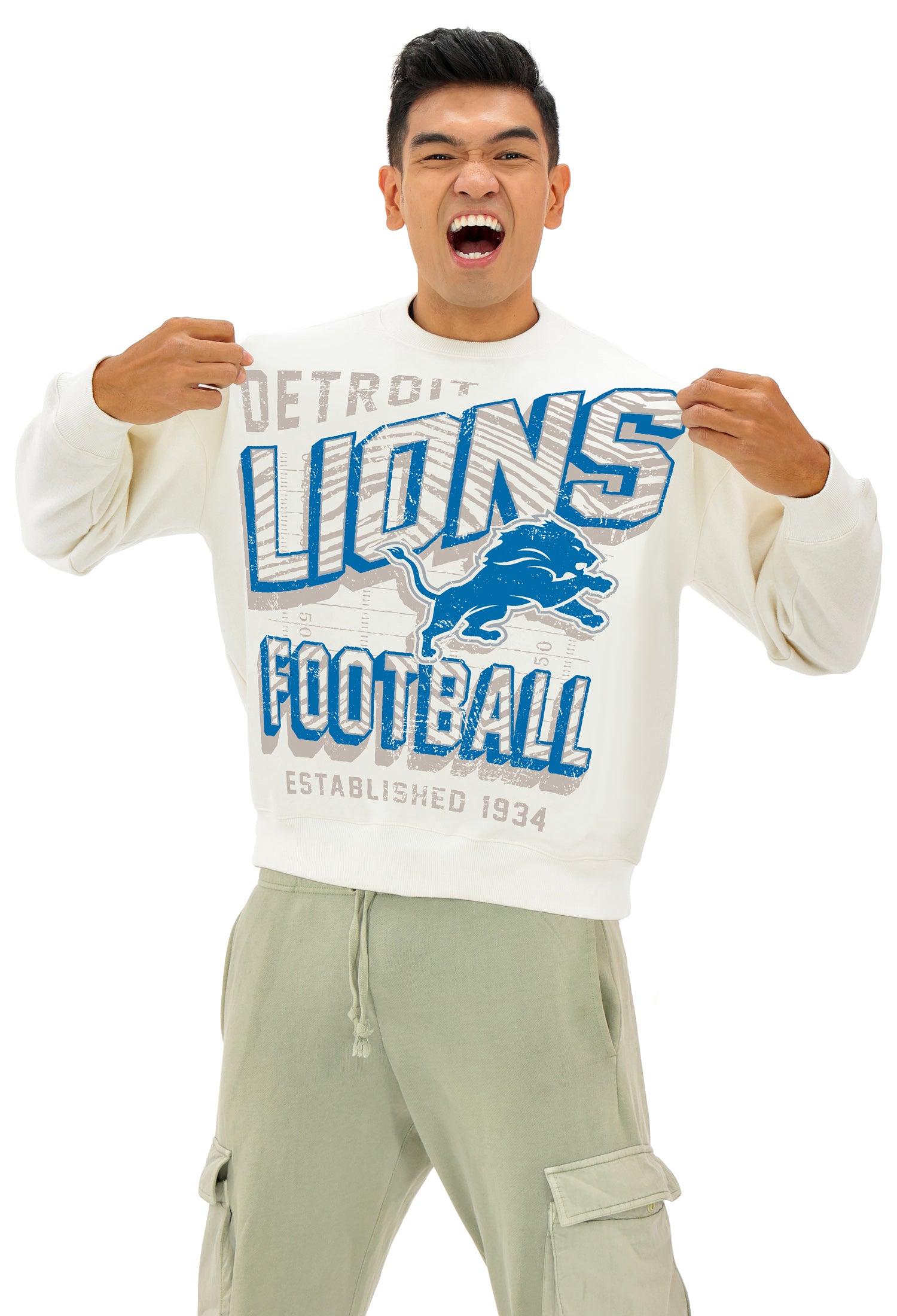 Zubaz NFL  UNISEX 90s Vintage Shadow Drop Shoulder Crewneck- Off White, DETROIT LIONS