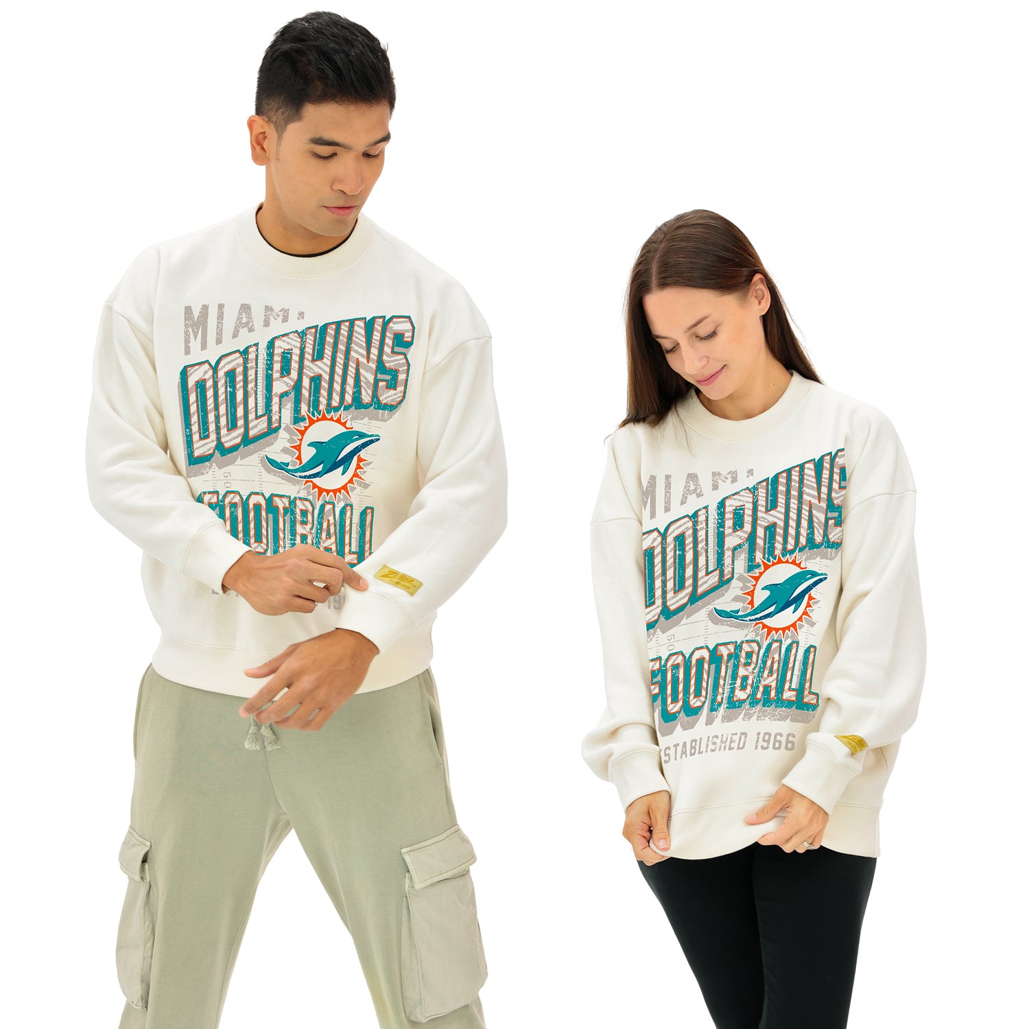 Zubaz NFL  UNISEX 90s Vintage Shadow Drop Shoulder Crewneck- Off White, MIAMI DOLPHINS