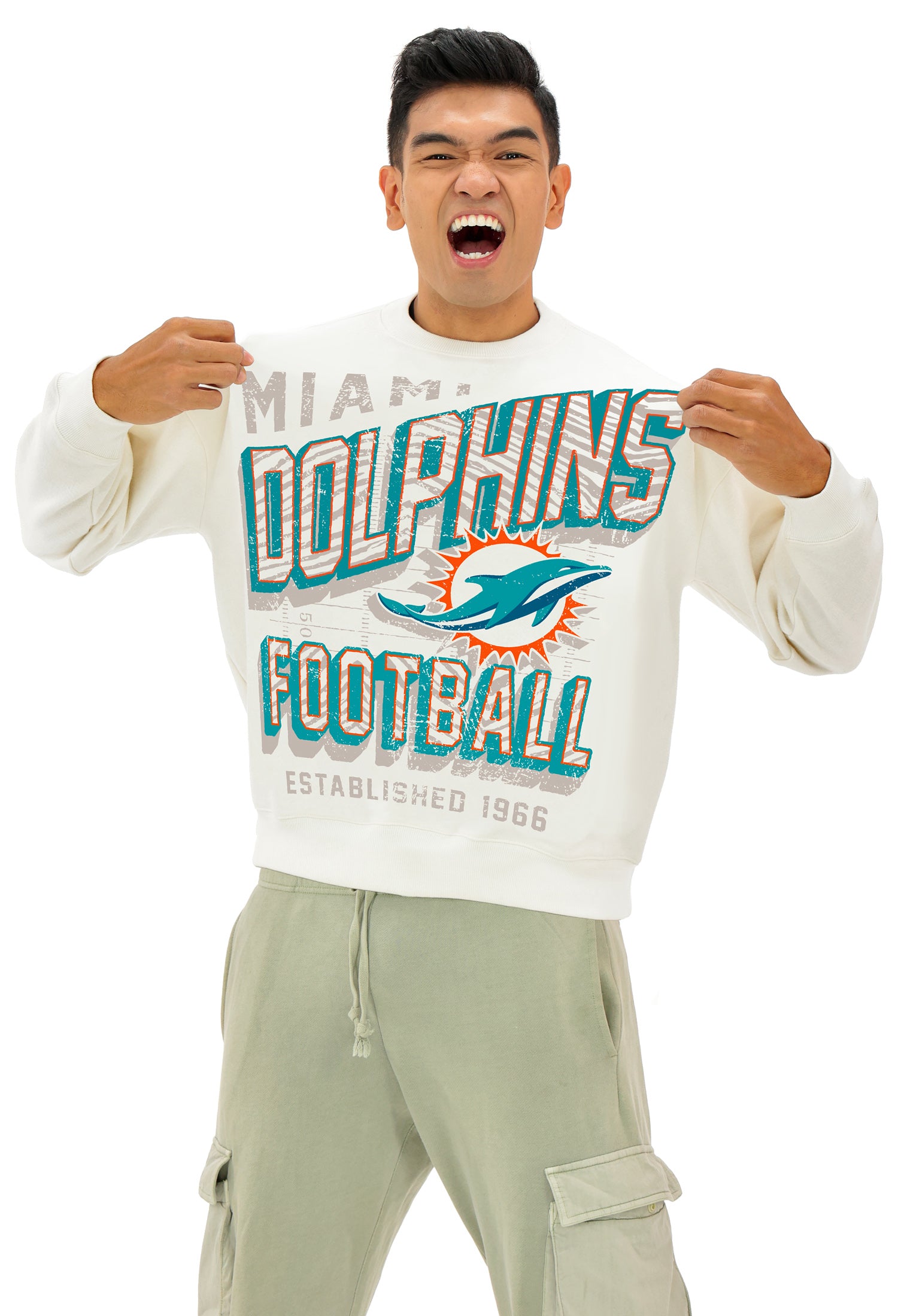 Zubaz NFL  UNISEX 90s Vintage Shadow Drop Shoulder Crewneck- Off White, MIAMI DOLPHINS