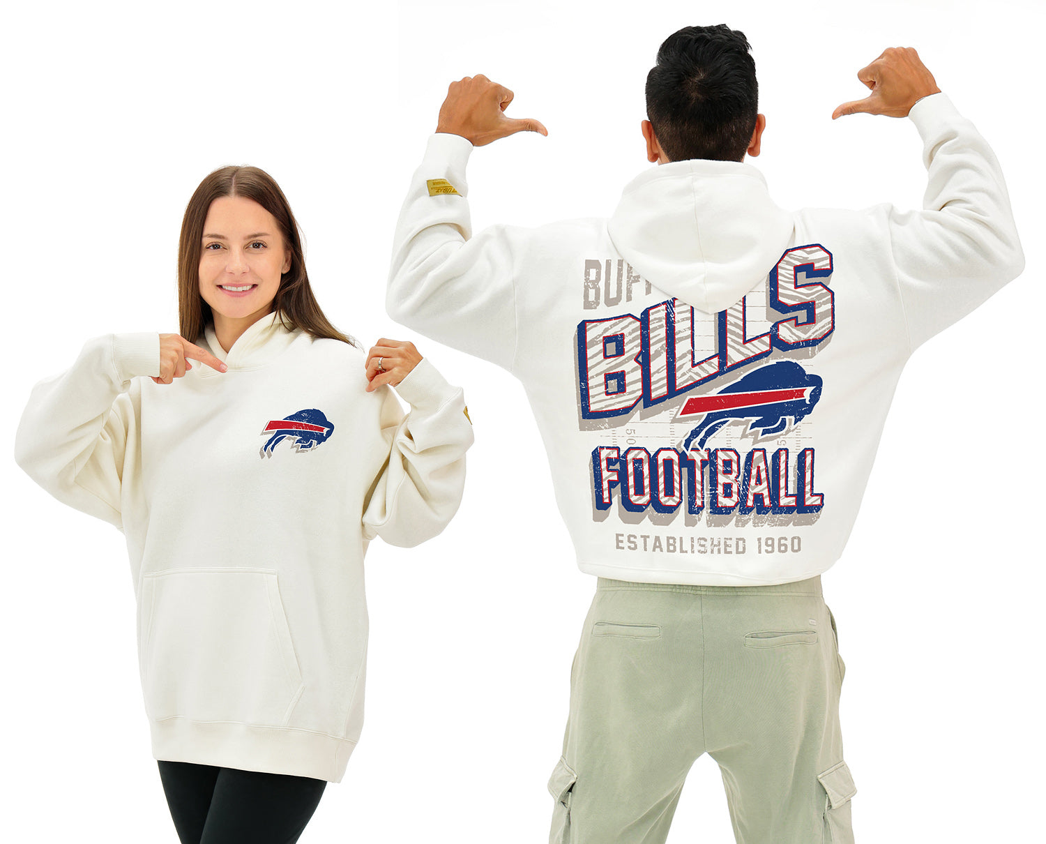Zubaz NFL  UNISEX 90s Vintage Shadow Drop Shoulder Hoodie- Off White, BUFFALO BILLS
