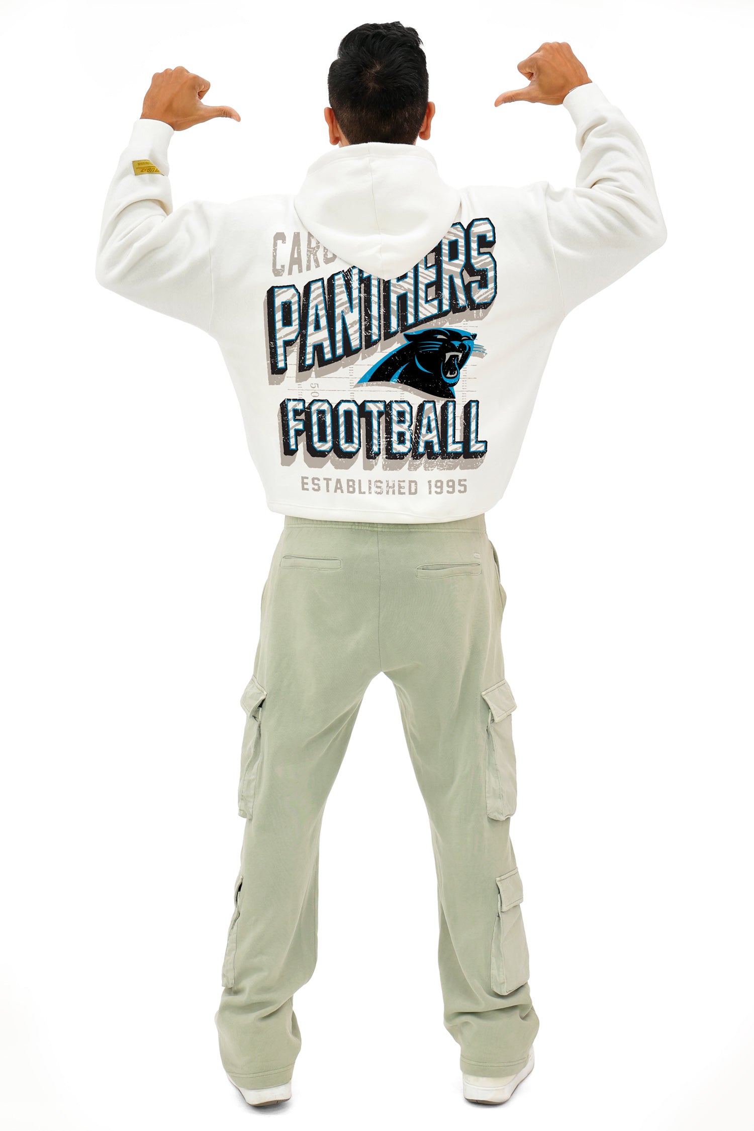 Zubaz NFL  UNISEX 90s Vintage Shadow Drop Shoulder Hoodie- Off White, CAROLINA PANTHERS