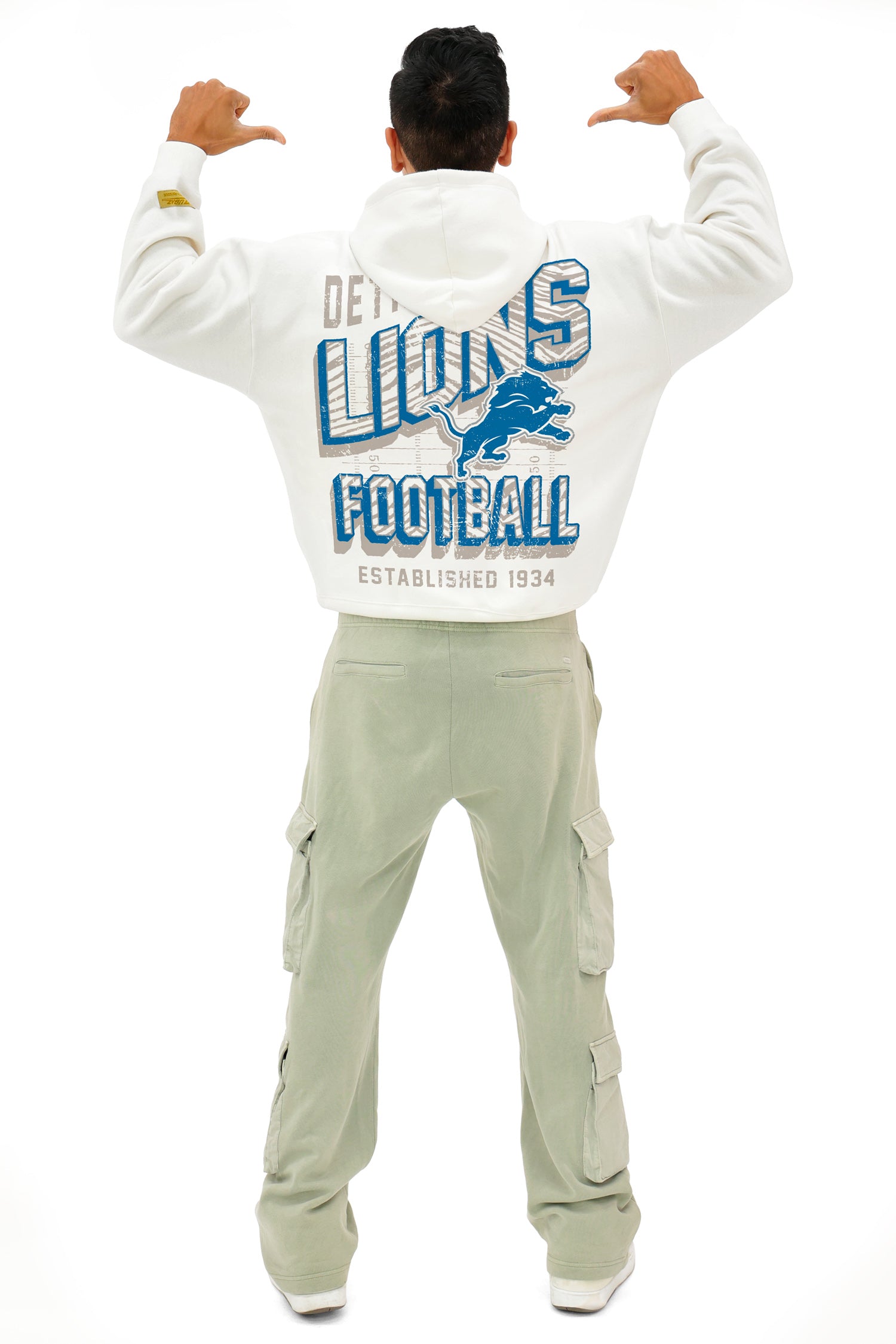 Zubaz NFL  UNISEX 90s Vintage Shadow Drop Shoulder Hoodie- Off White, DETROIT LIONS