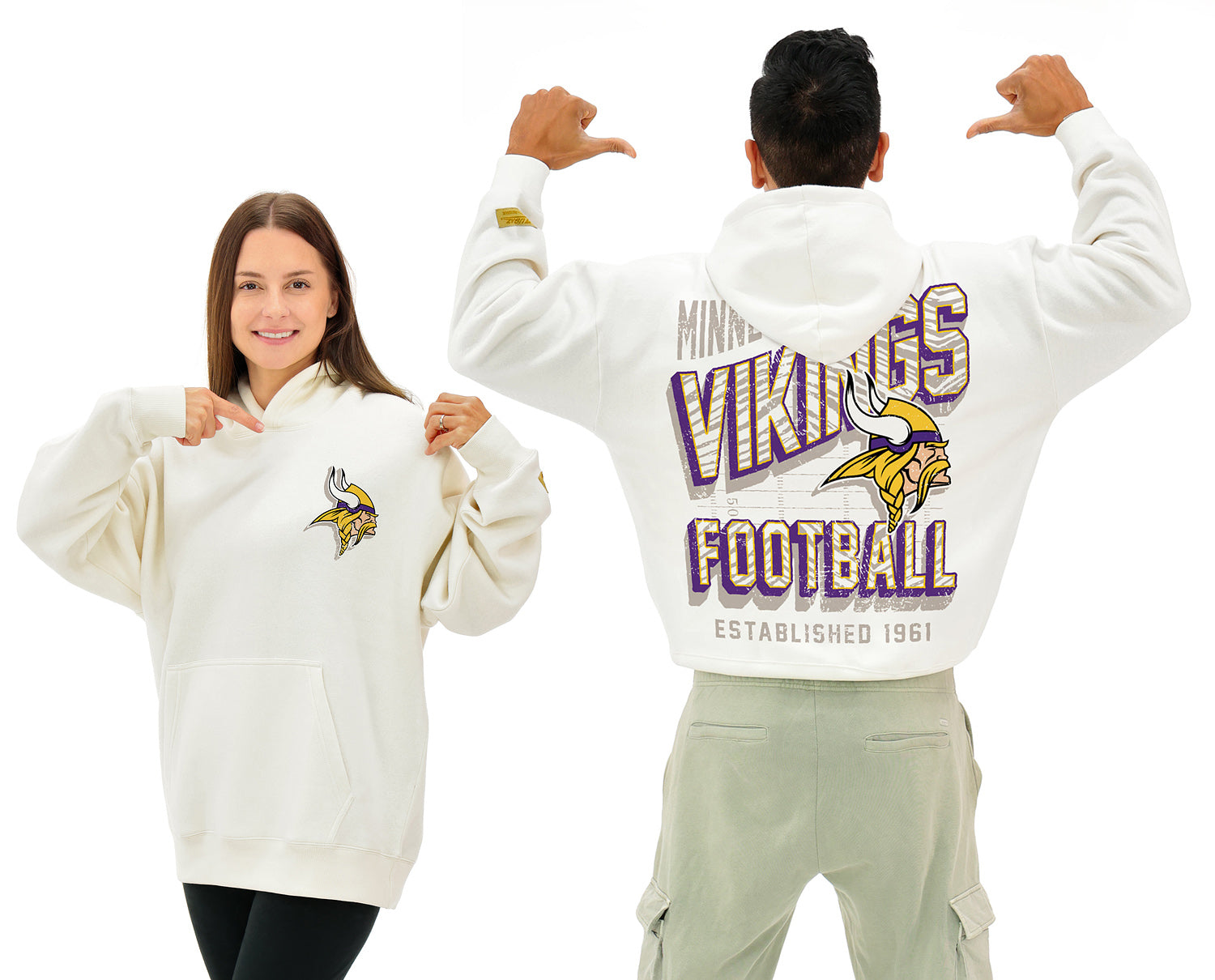 Zubaz NFL  UNISEX 90s Vintage Shadow Drop Shoulder Hoodie- Off White, MINNESOTA VIKINGS