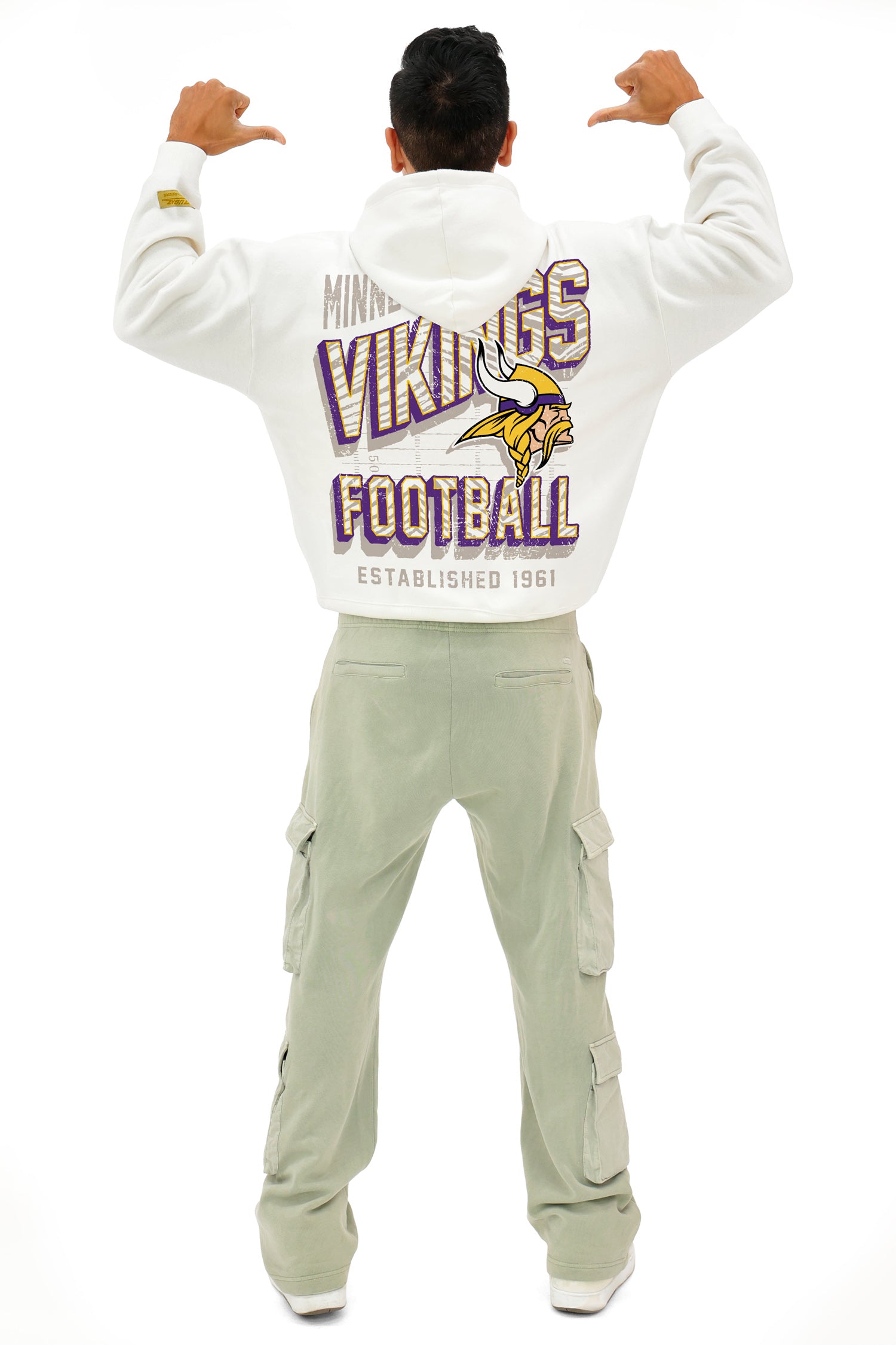 Zubaz NFL  UNISEX 90s Vintage Shadow Drop Shoulder Hoodie- Off White, MINNESOTA VIKINGS