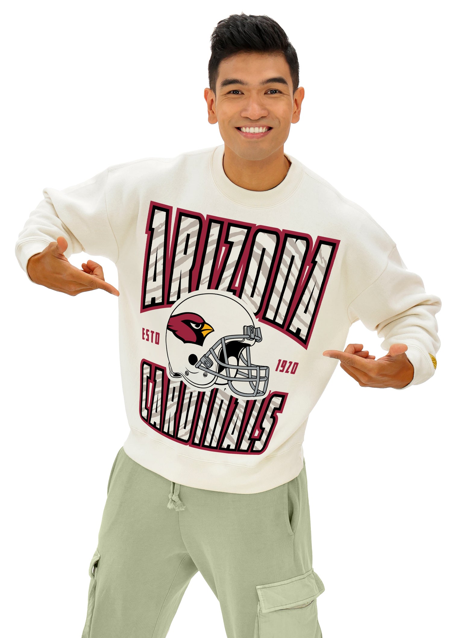 Zubaz NFL  UNISEX 90s Helmet Drop Shoulder Crewneck -Off White, ARIZONA CARDINALS