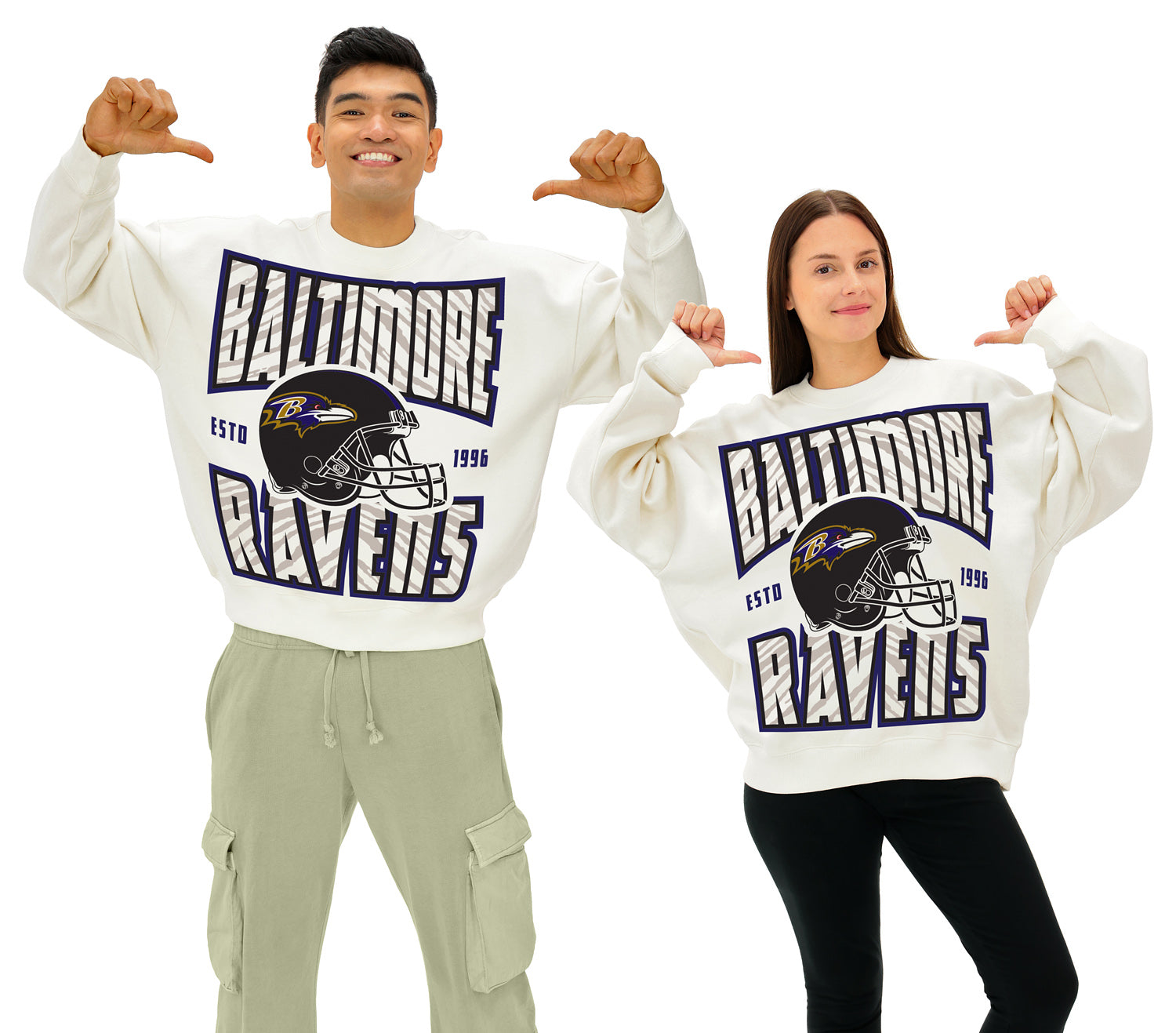 Zubaz NFL  UNISEX 90s Helmet Drop Shoulder Crewneck -Off White, BALTIMORE RAVENS