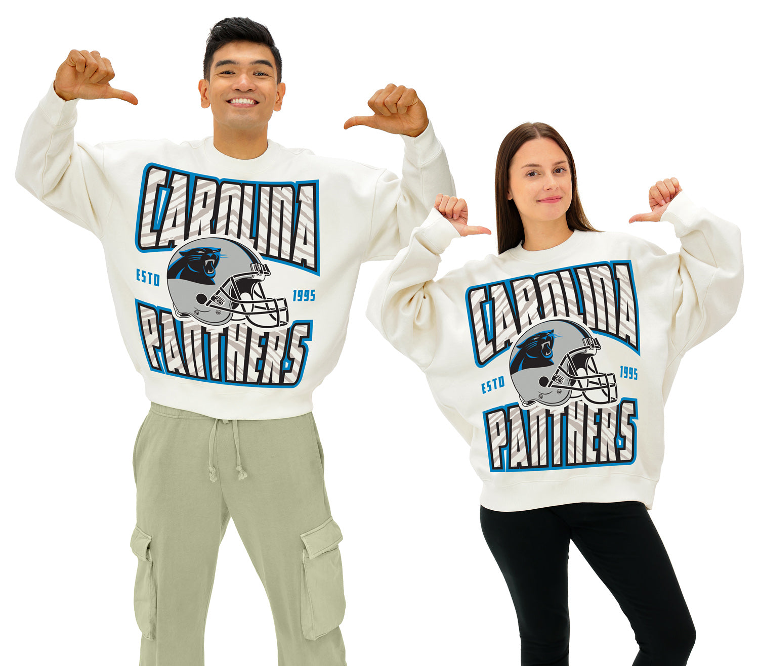 Zubaz NFL  UNISEX 90s Helmet Drop Shoulder Crewneck -Off White, CAROLINA PANTHERS