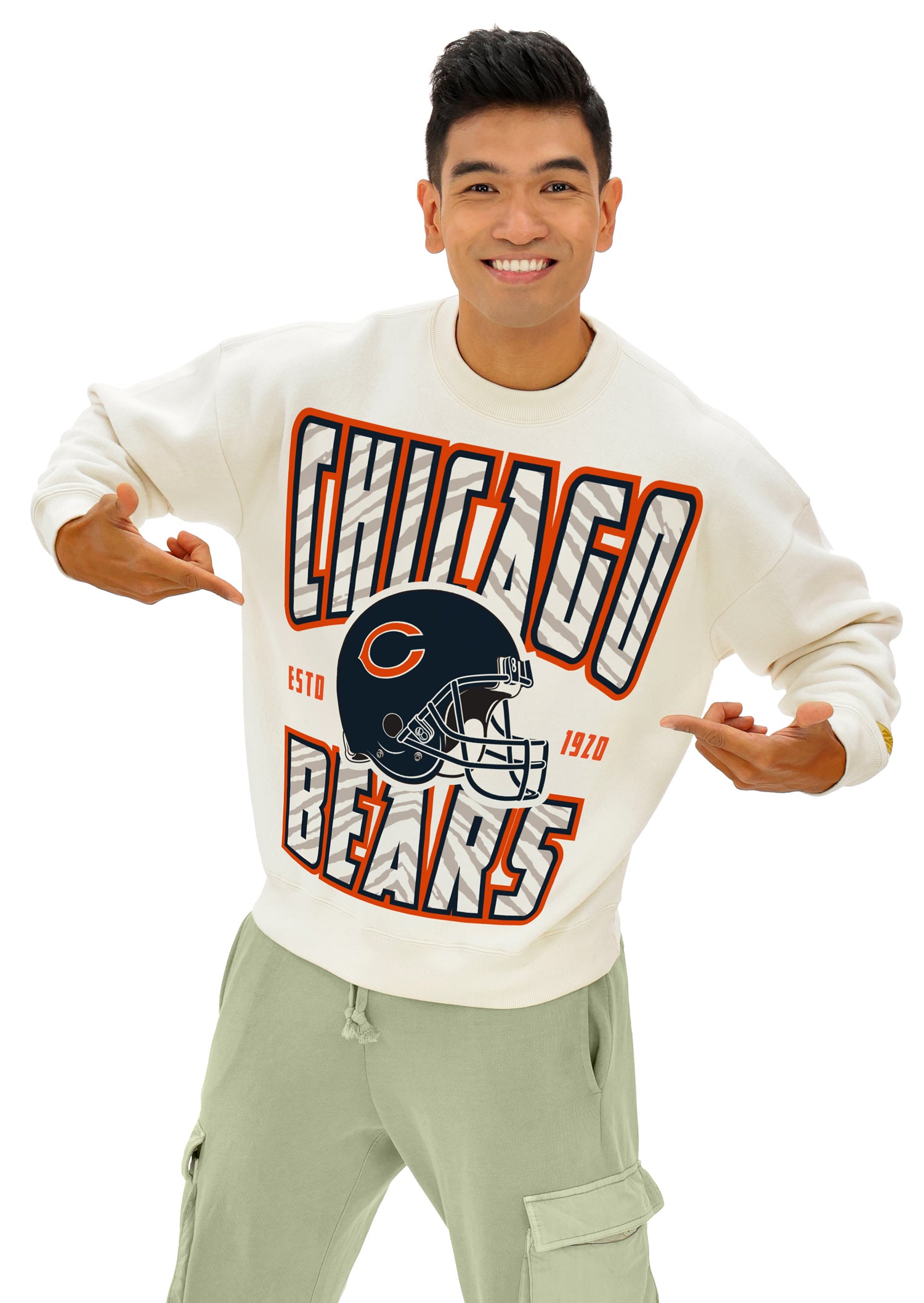 Zubaz NFL  UNISEX 90s Helmet Drop Shoulder Crewneck -Off White, CHICAGO BEARS