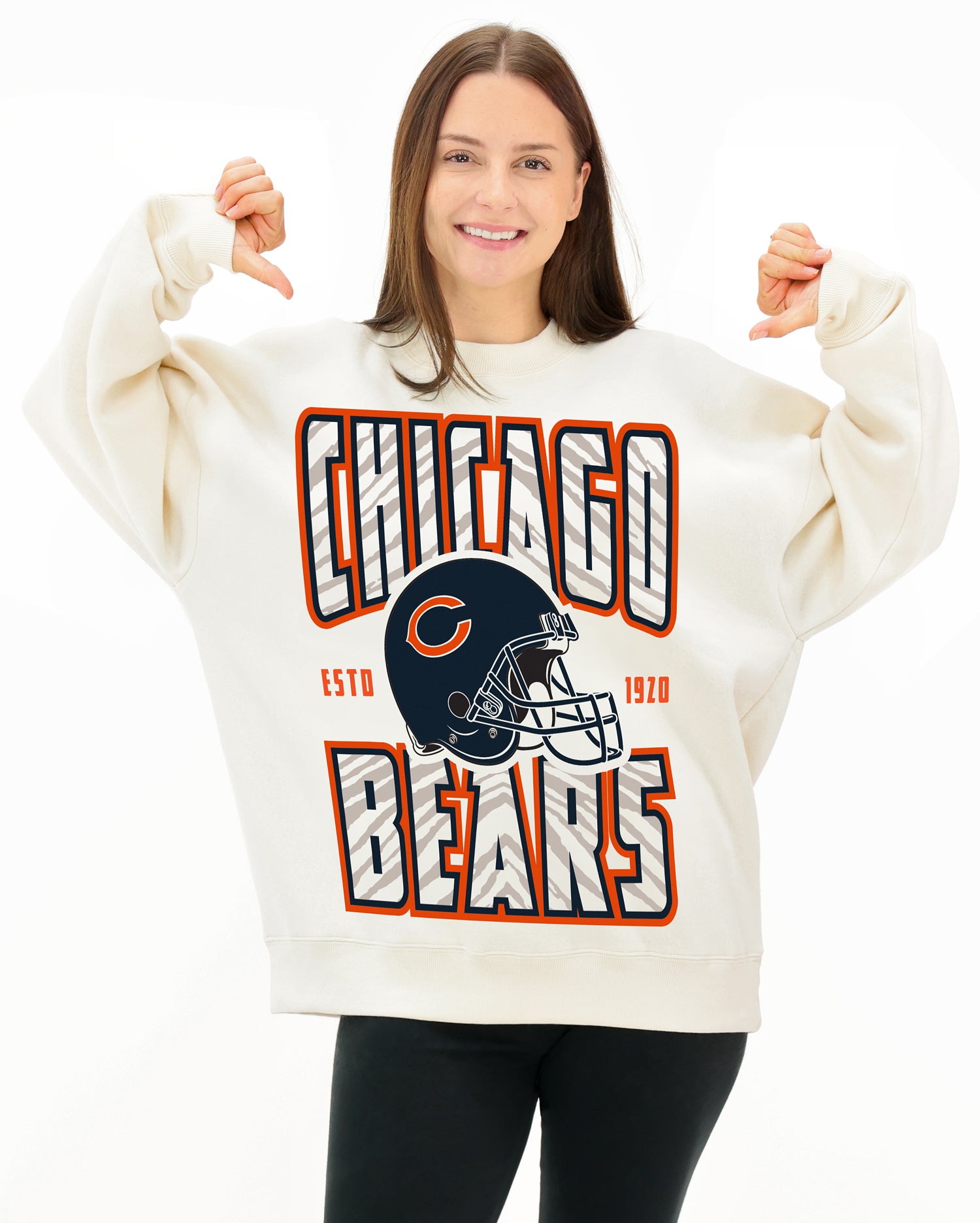 Zubaz NFL  UNISEX 90s Helmet Drop Shoulder Crewneck -Off White, CHICAGO BEARS