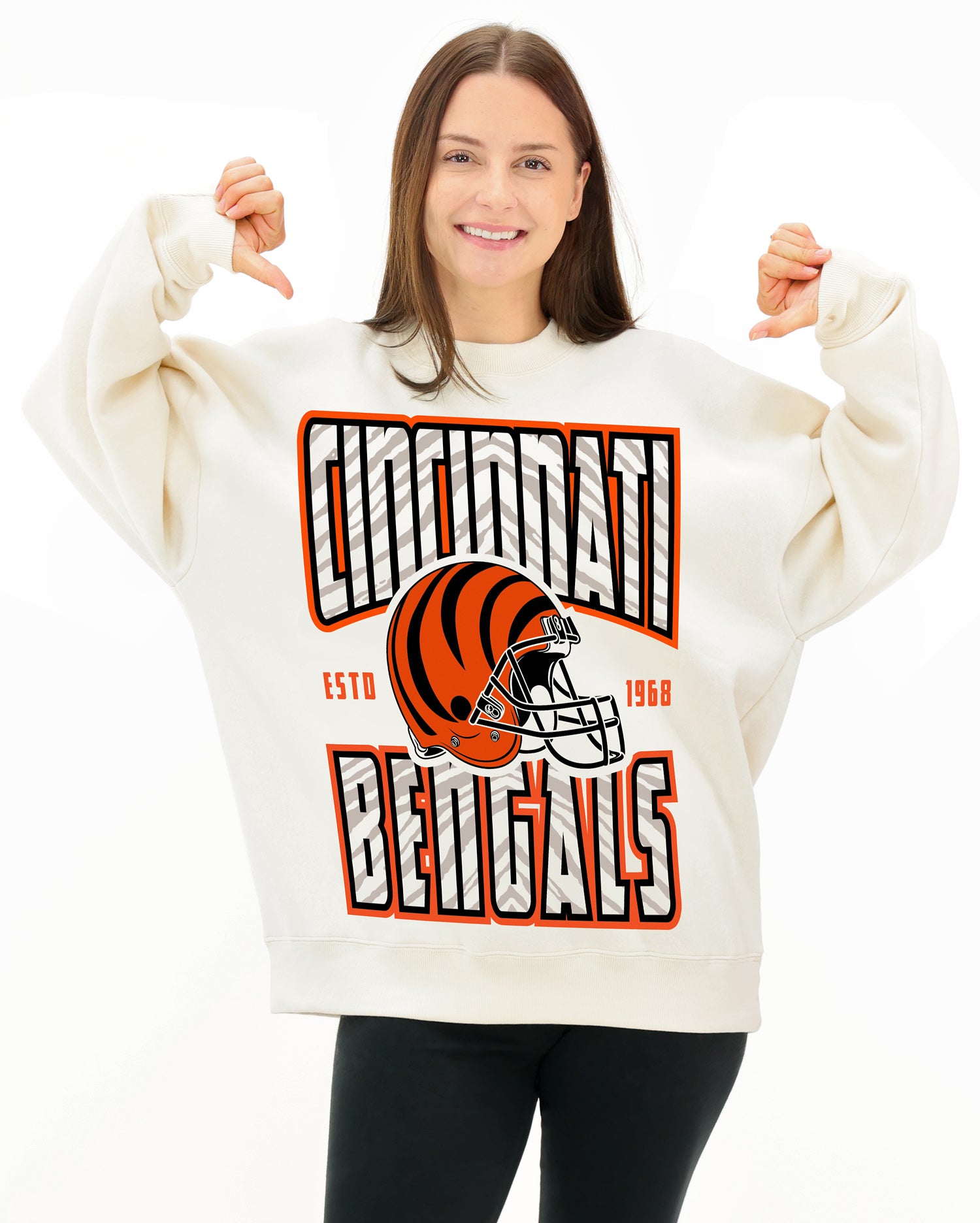 Zubaz NFL  UNISEX 90s Helmet Drop Shoulder Crewneck -Off White, CINCINNATI BENGALS