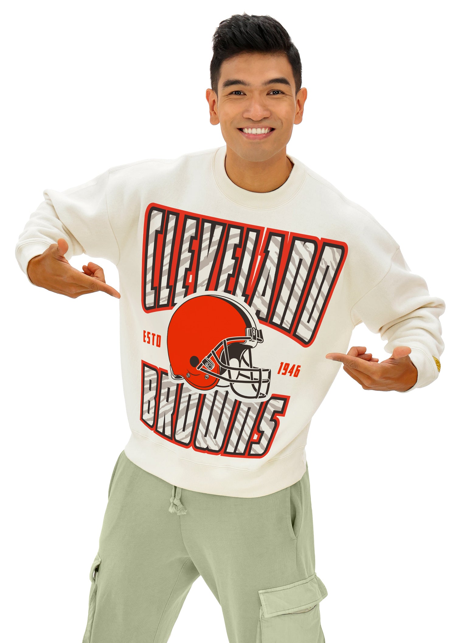 Zubaz NFL  UNISEX 90s Helmet Drop Shoulder Crewneck -Off White, CLEVELAND BROWNS