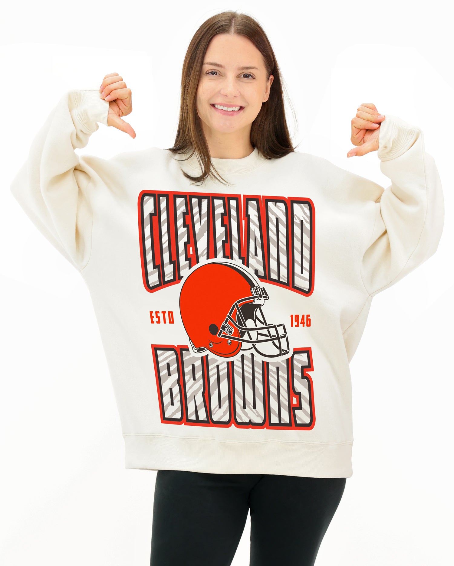 Zubaz NFL  UNISEX 90s Helmet Drop Shoulder Crewneck -Off White, CLEVELAND BROWNS