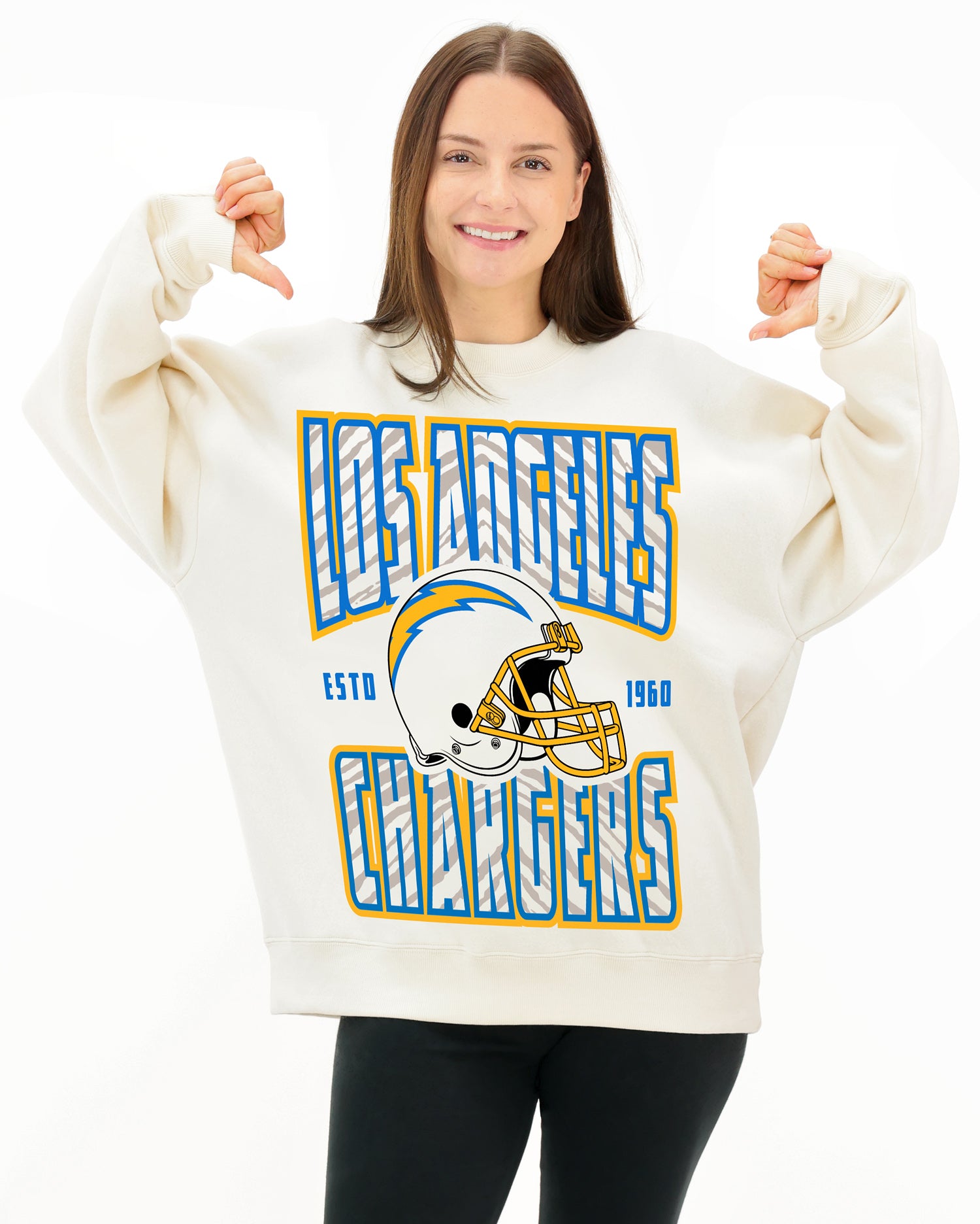 Zubaz NFL  UNISEX 90s Helmet Drop Shoulder Crewneck -Off White, LOS ANGELES CHARGERS