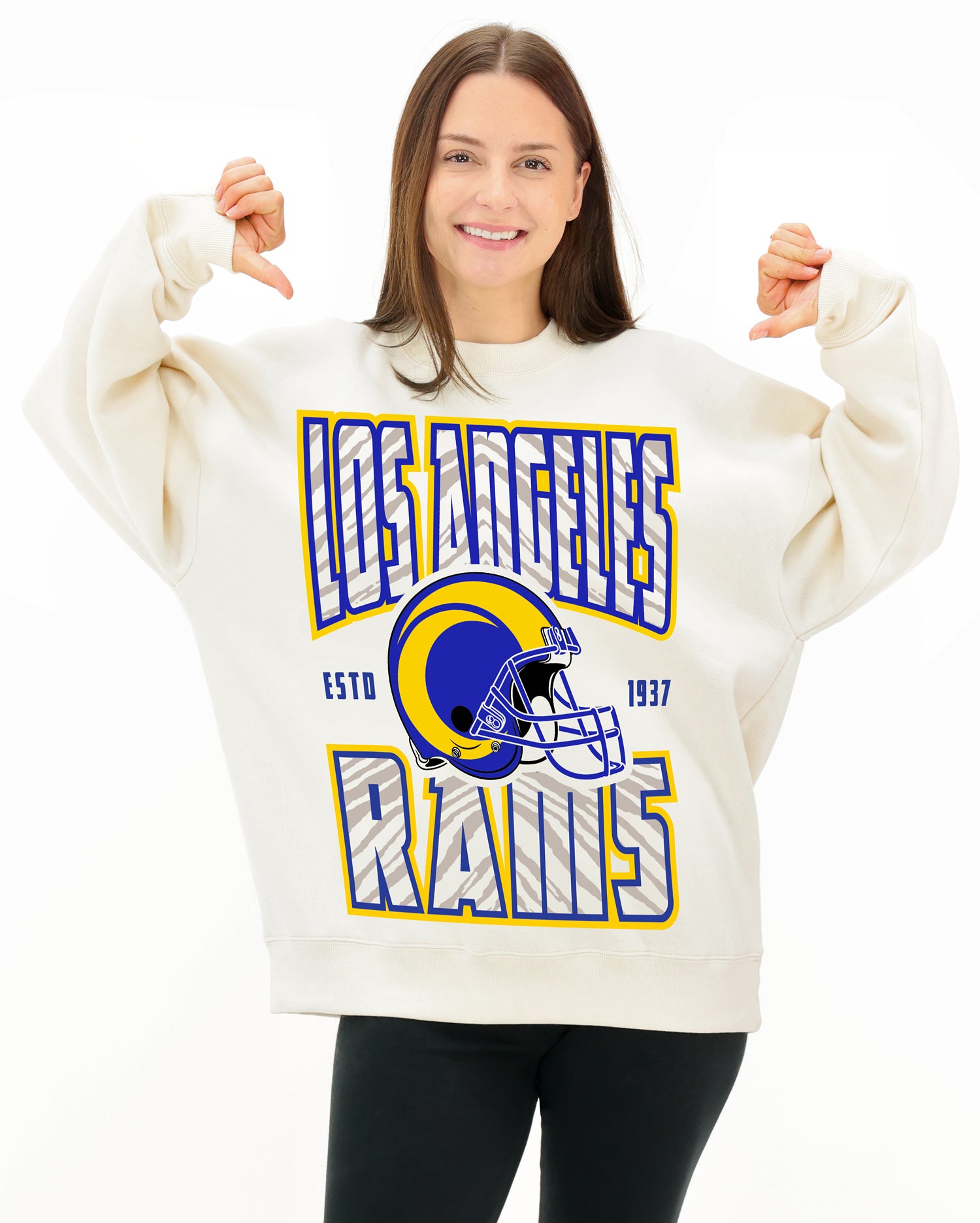 Zubaz NFL  UNISEX 90s Helmet Drop Shoulder Crewneck -Off White, LOS ANGELES RAMS
