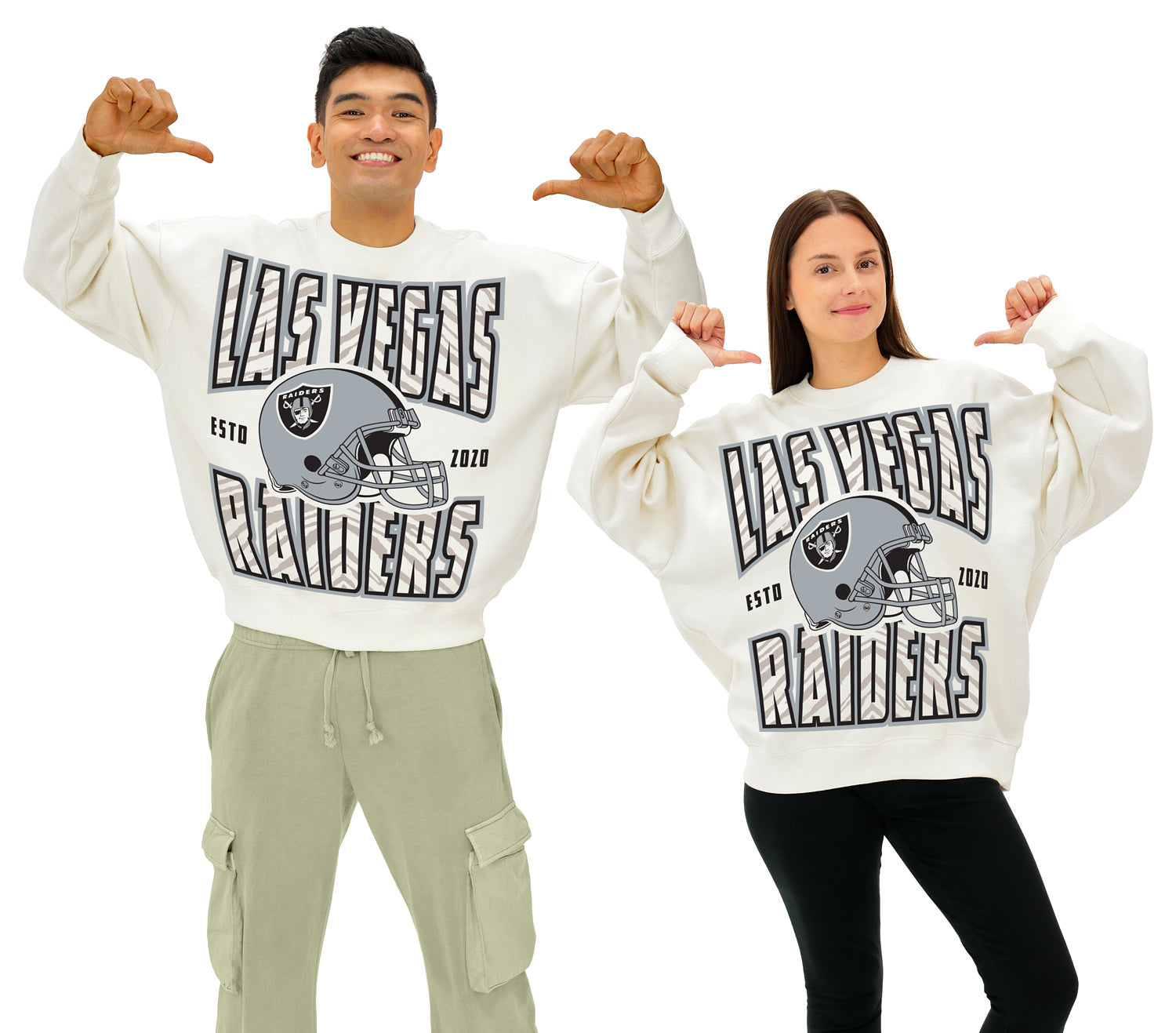 Zubaz NFL  UNISEX 90s Helmet Drop Shoulder Crewneck -Off White, LAS VEGAS RAIDERS