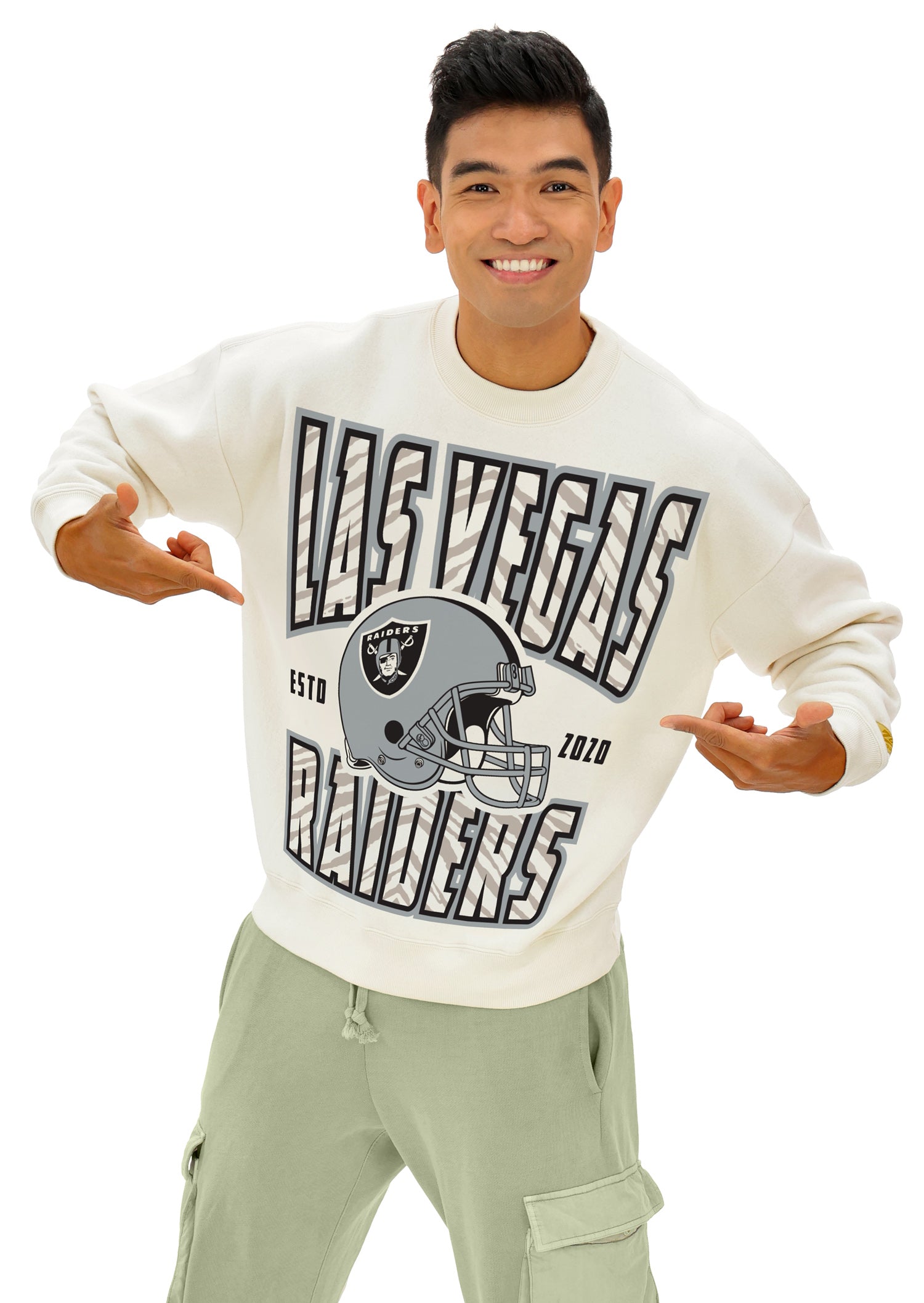 Zubaz NFL  UNISEX 90s Helmet Drop Shoulder Crewneck -Off White, LAS VEGAS RAIDERS