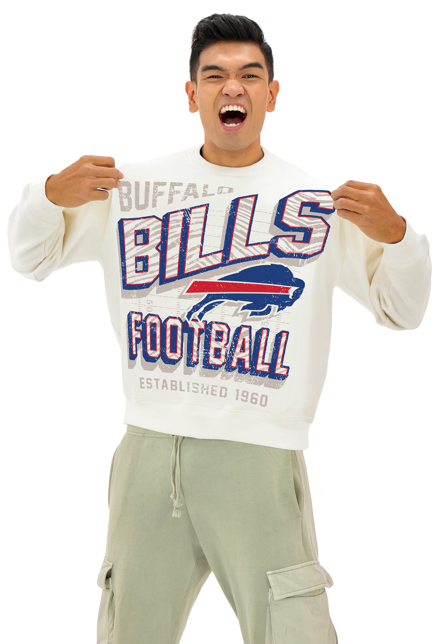 Zubaz NFL  UNISEX 90s Vintage Shadow Drop Shoulder Crewneck- Off White, BUFFALO BILLS