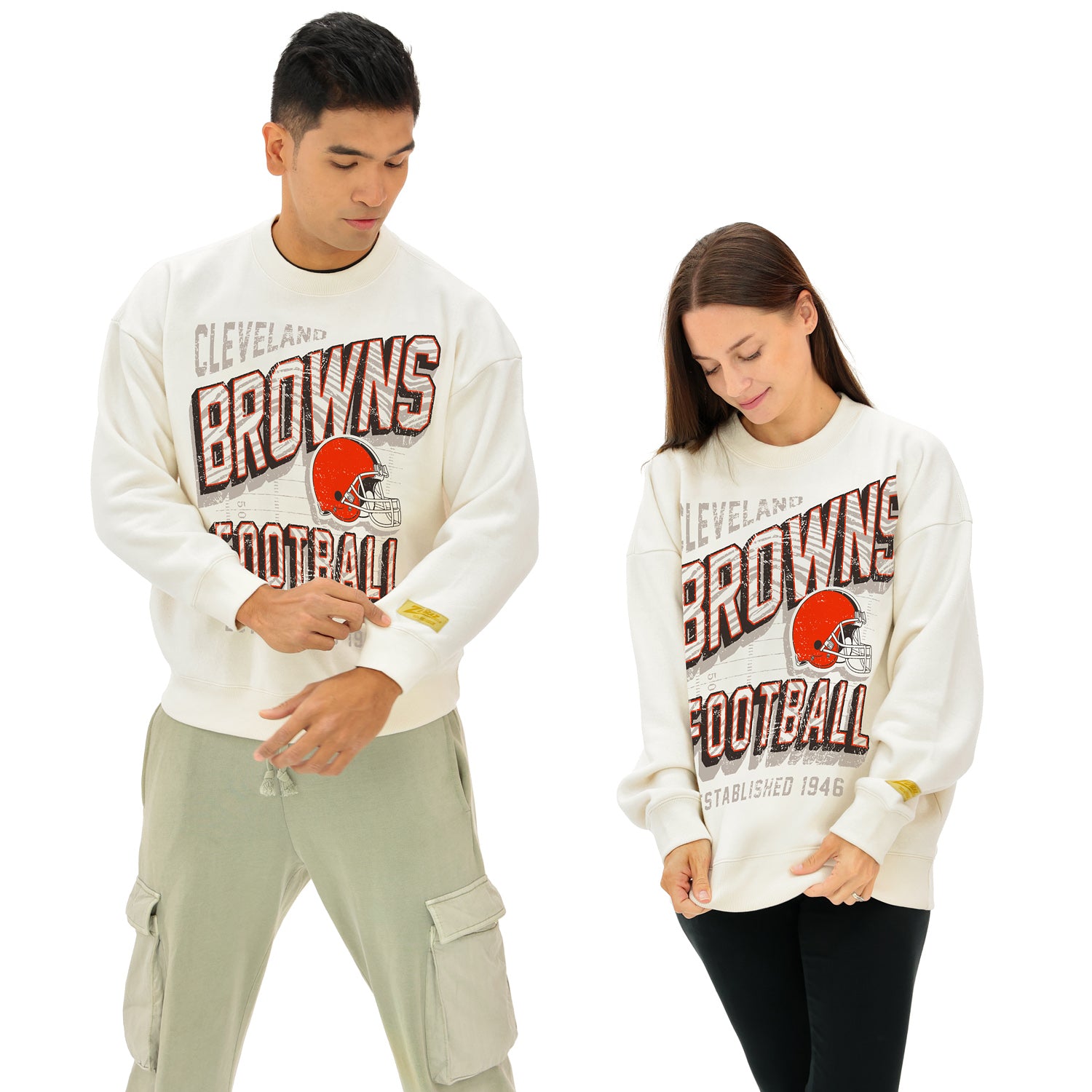 Zubaz NFL  UNISEX 90s Vintage Shadow Drop Shoulder Crewneck- Off White, CLEVELAND BROWNS