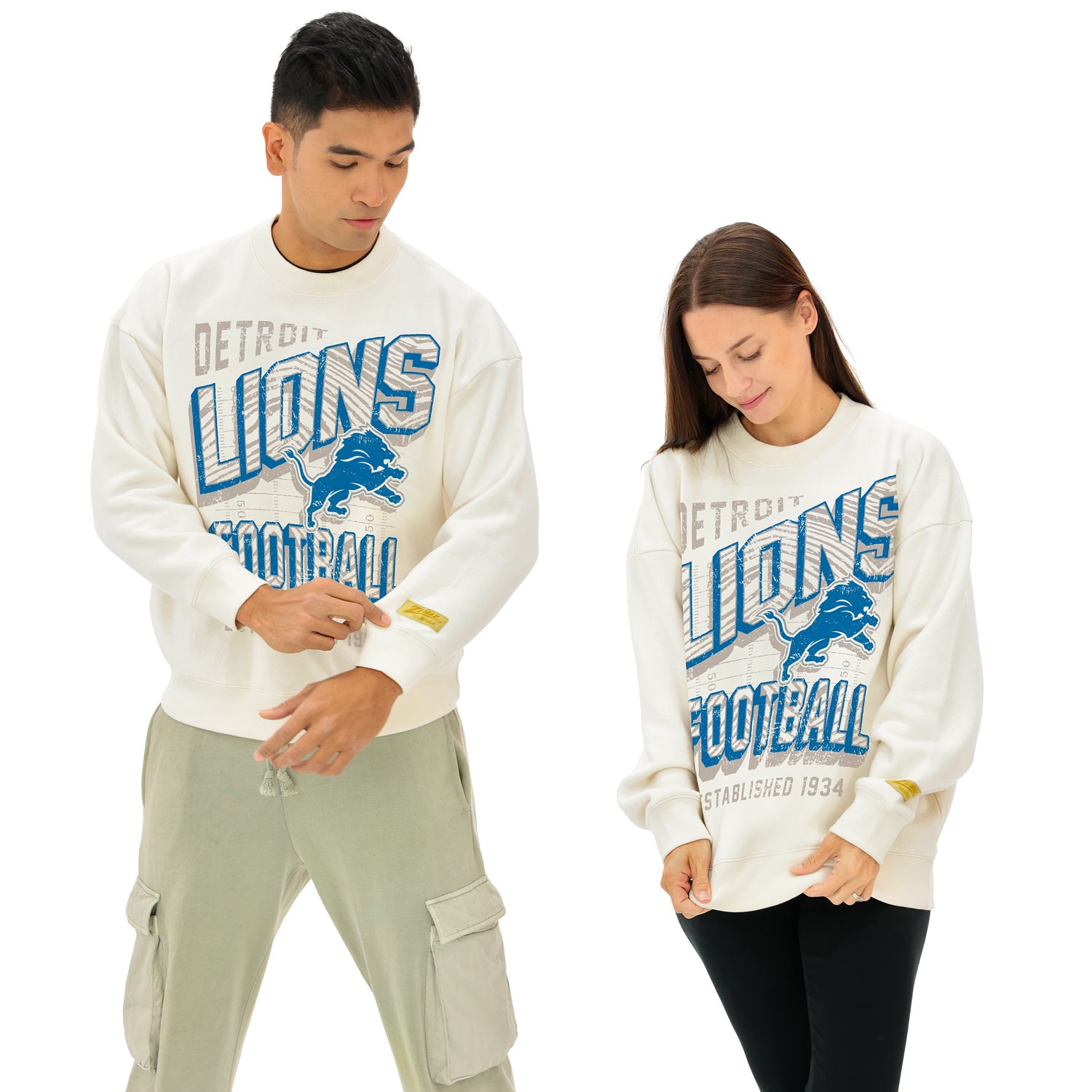 Zubaz NFL  UNISEX 90s Vintage Shadow Drop Shoulder Crewneck- Off White, DETROIT LIONS