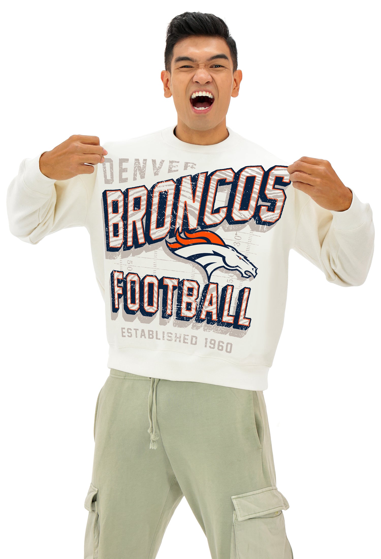 Zubaz NFL  UNISEX 90s Vintage Shadow Drop Shoulder Crewneck- Off White, DENVER BRONCOS