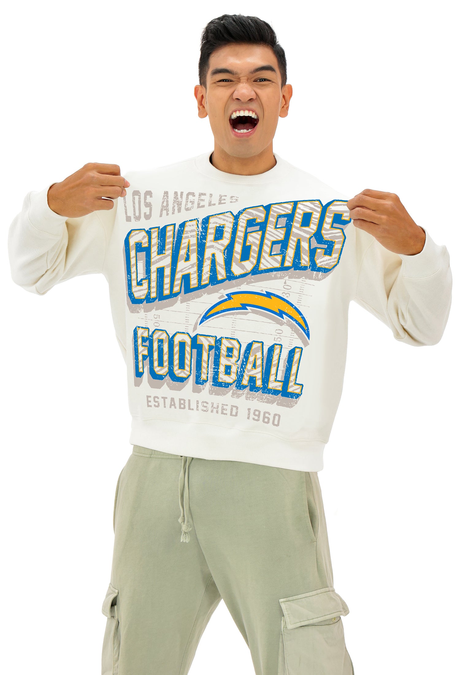 Zubaz NFL  UNISEX 90s Vintage First Down Drop Shoulder Crewneck- Off White, LOS ANGELES CHARGERS