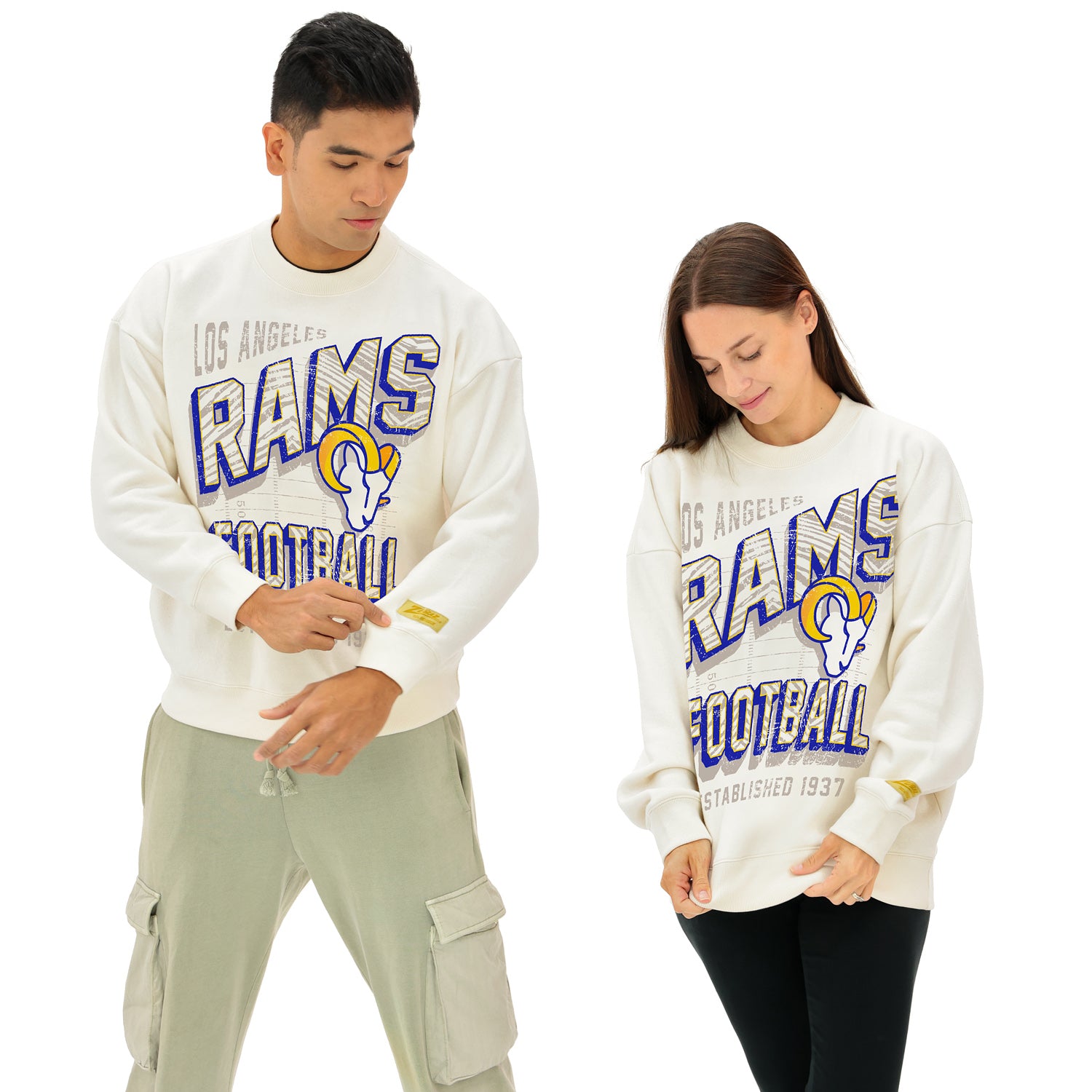 Zubaz NFL  UNISEX 90s Vintage First Down Drop Shoulder Crewneck- Off White, LOS ANGELES RAMS - Official NFL Rams Zubaz Appare