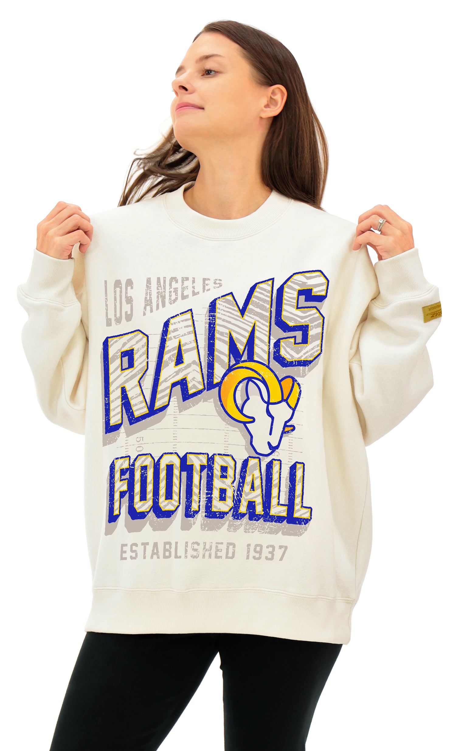 Zubaz NFL  UNISEX 90s Vintage First Down Drop Shoulder Crewneck- Off White, LOS ANGELES RAMS - Official NFL Rams Zubaz Appare