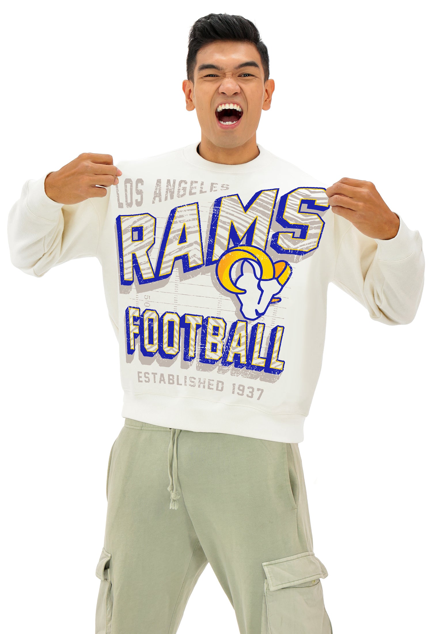Zubaz NFL  UNISEX 90s Vintage First Down Drop Shoulder Crewneck- Off White, LOS ANGELES RAMS - Official NFL Rams Zubaz Appare