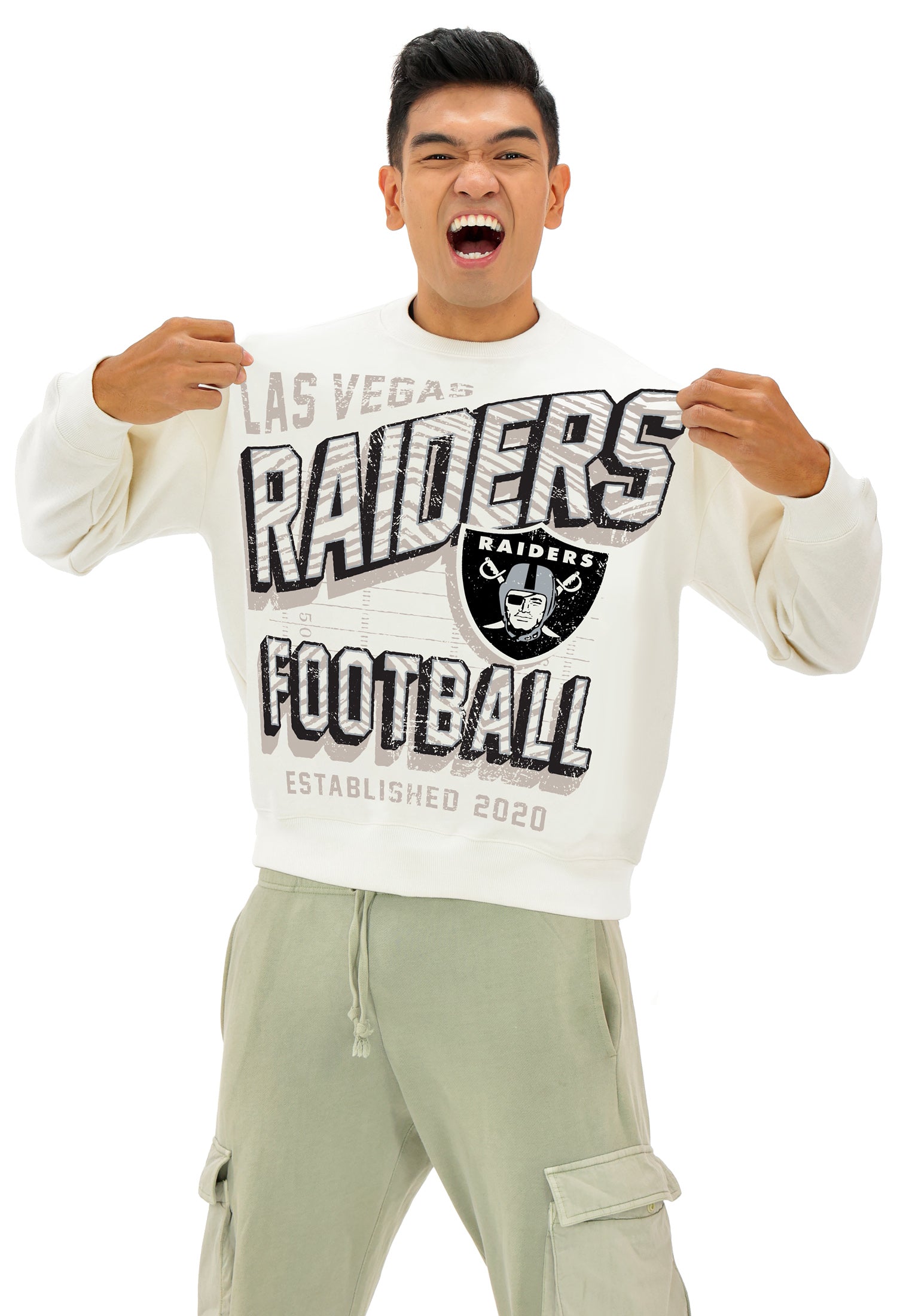 Zubaz NFL  UNISEX 90s Vintage Shadow Drop Shoulder Crewneck- Off White, LAS VEGAS RAIDERS