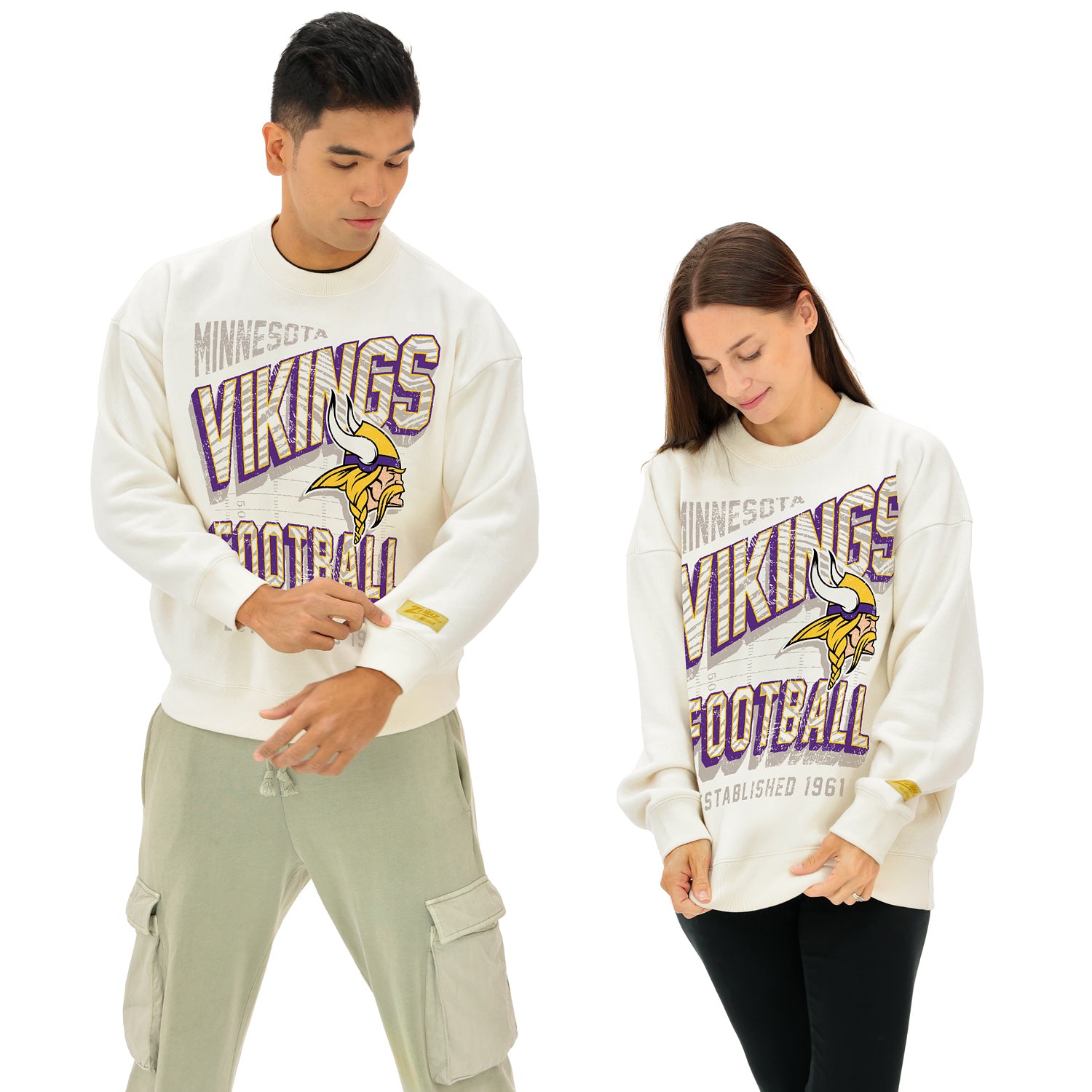 Zubaz NFL  UNISEX 90s Vintage First Down Drop Shoulder Crewneck- Off White, MINNESOTA VIKINGS - Official NFL Vikings Zubaz Ap