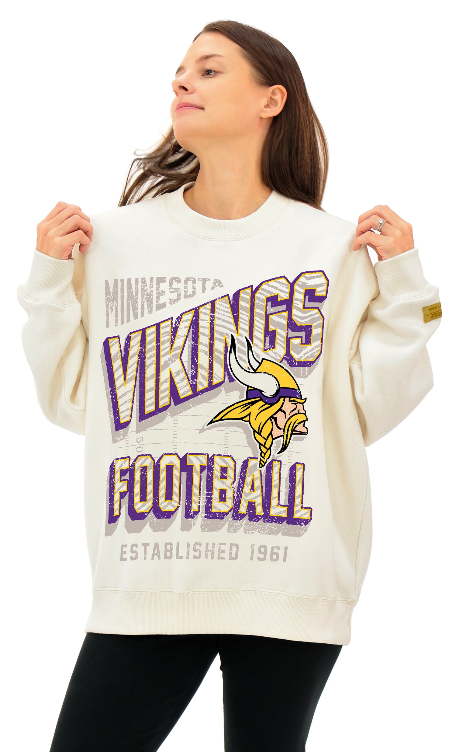 Zubaz NFL  UNISEX 90s Vintage First Down Drop Shoulder Crewneck- Off White, MINNESOTA VIKINGS - Official NFL Vikings Zubaz Ap