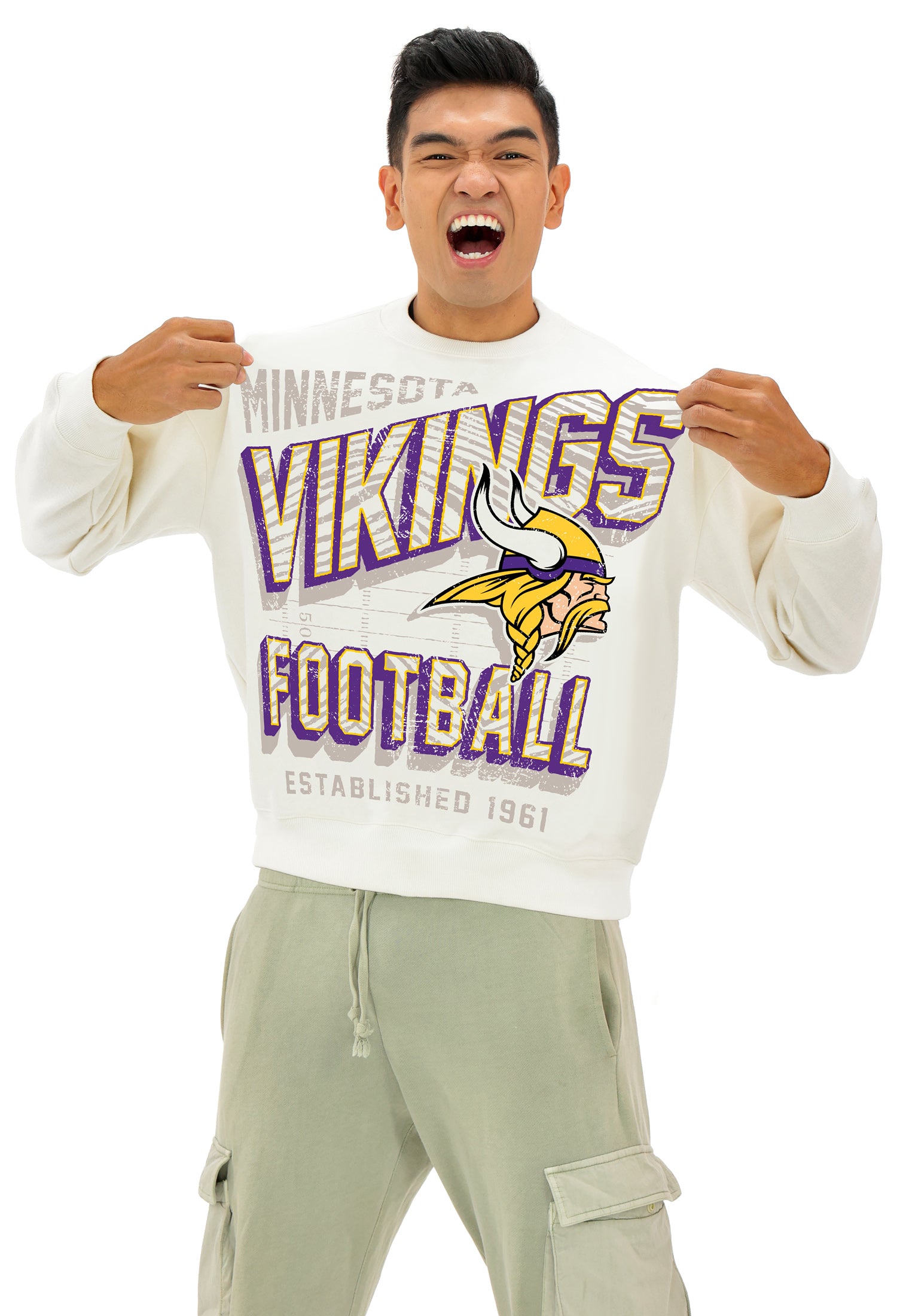 Zubaz NFL  UNISEX 90s Vintage First Down Drop Shoulder Crewneck- Off White, MINNESOTA VIKINGS - Official NFL Vikings Zubaz Ap