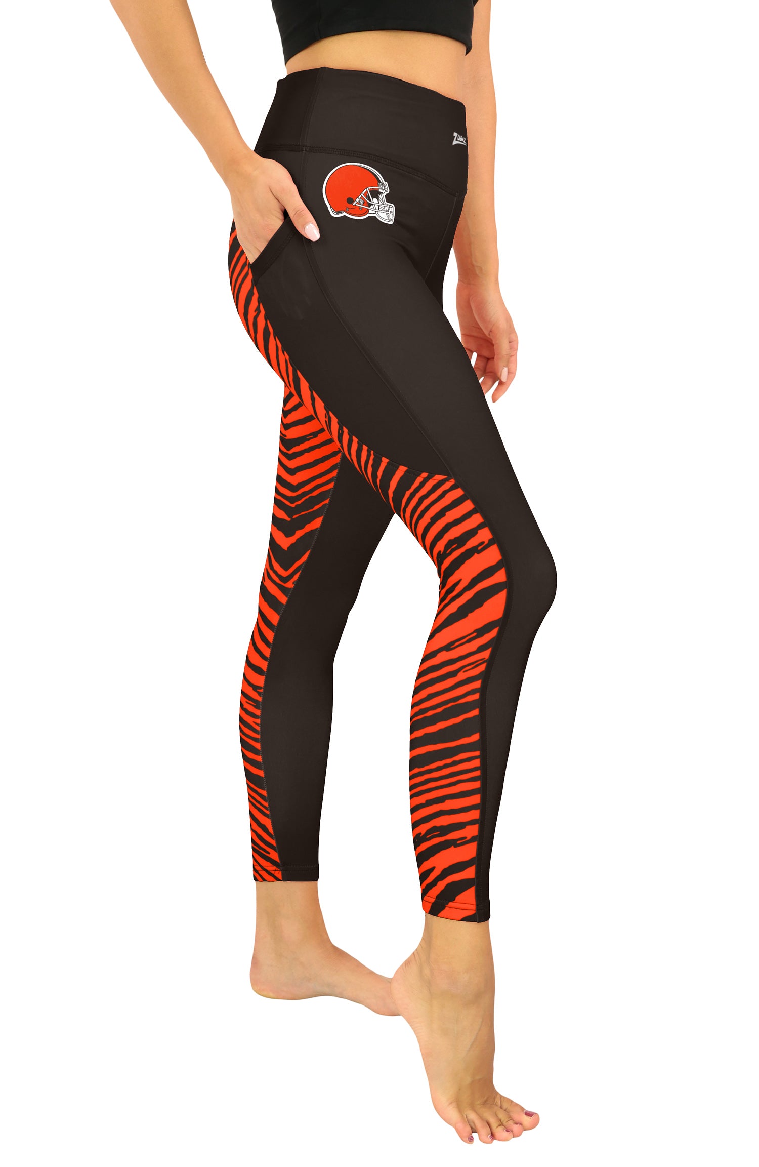 Zubaz NFL Women's 2 Color Zebra Fleece Lined Leggings, Cleveland Browns