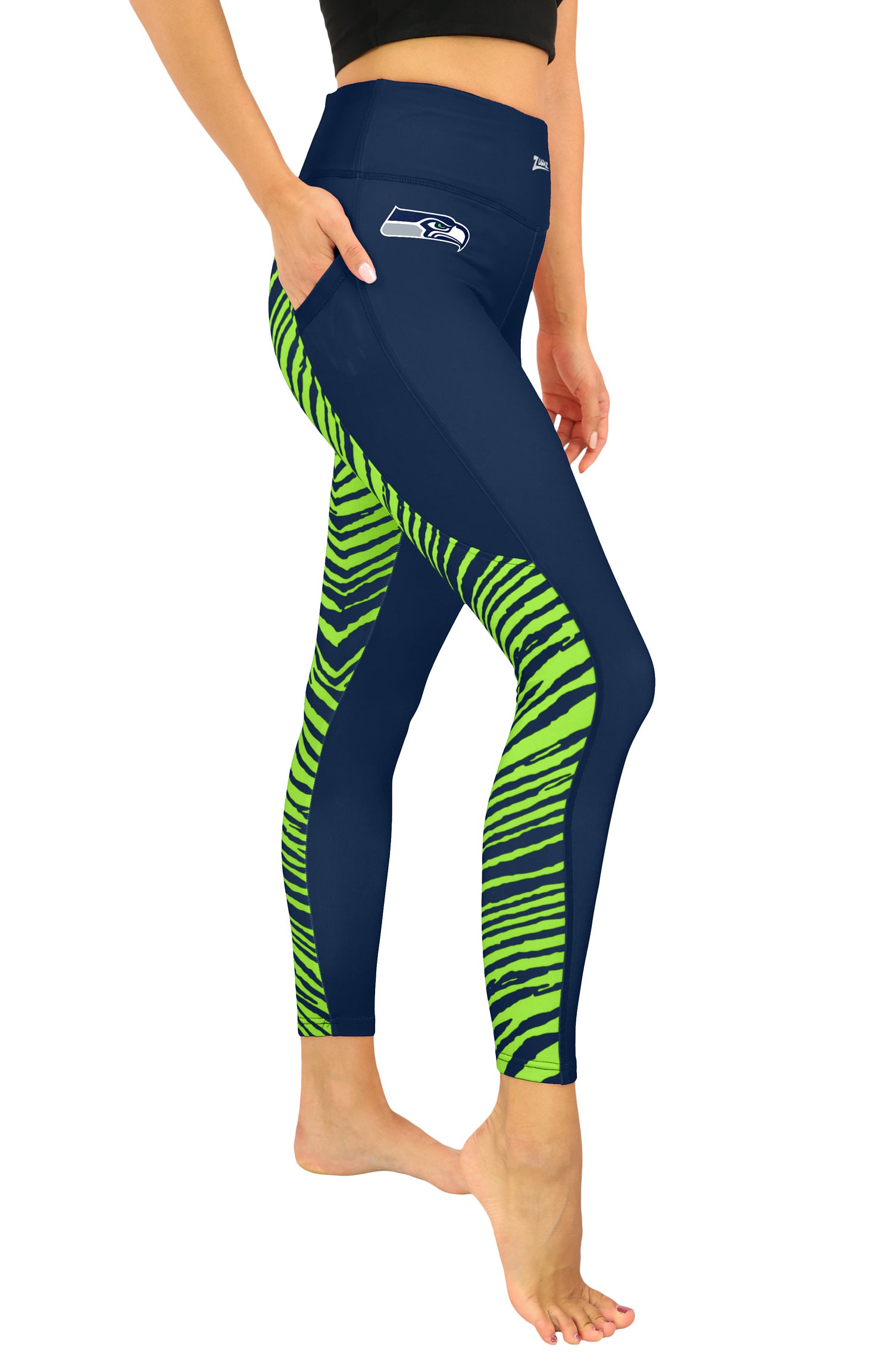 Zubaz NFL Women's 2 Color Zebra Fleece Lined Leggings, Seattle Seahawk
