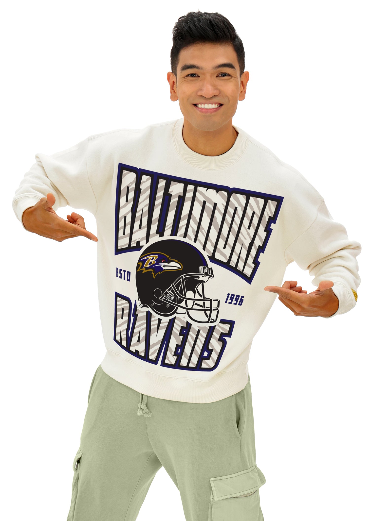Zubaz NFL  UNISEX 90s Helmet Drop Shoulder Crewneck -Off White, BALTIMORE RAVENS