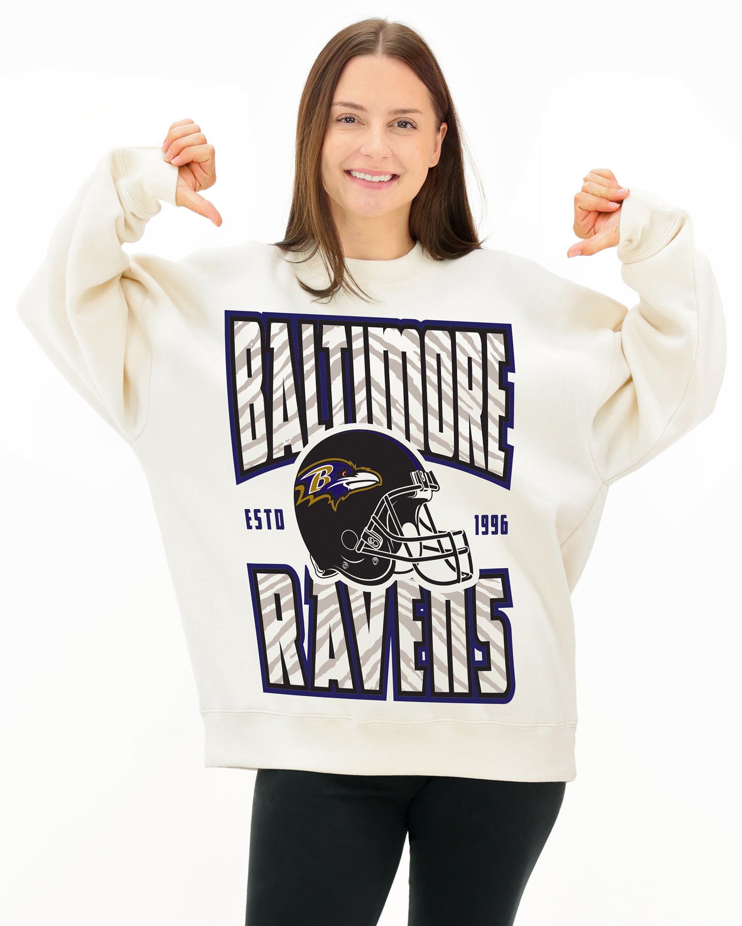 Zubaz NFL  UNISEX 90s Helmet Drop Shoulder Crewneck -Off White, BALTIMORE RAVENS