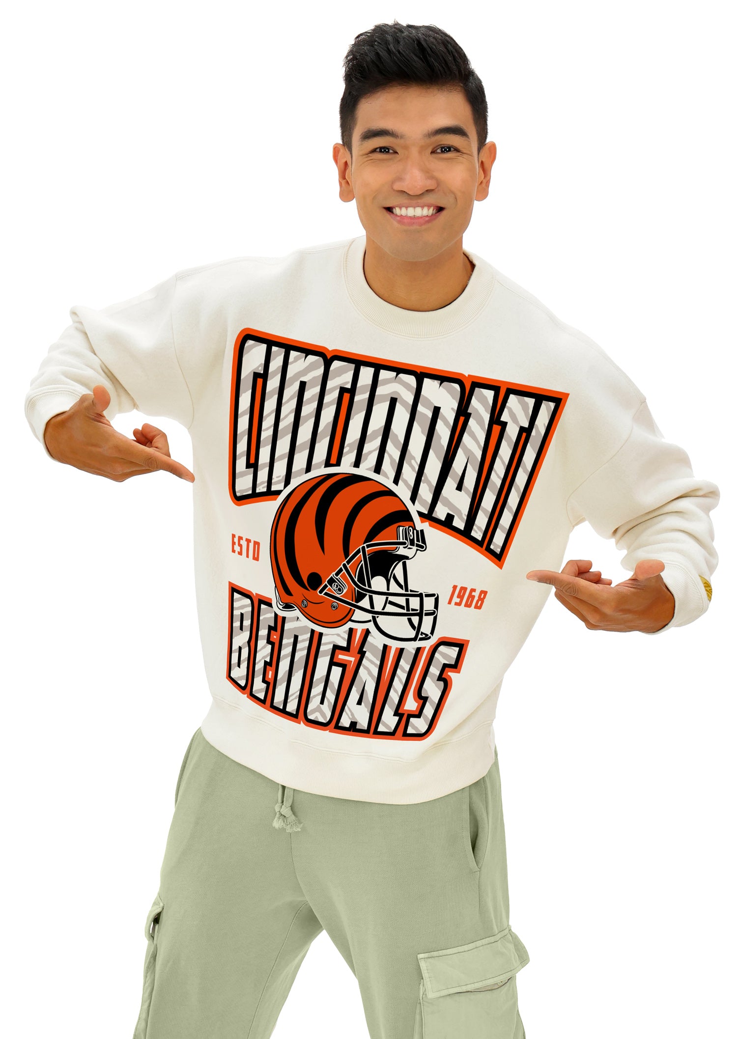 Zubaz NFL  UNISEX 90s Helmet Drop Shoulder Crewneck -Off White, CINCINNATI BENGALS