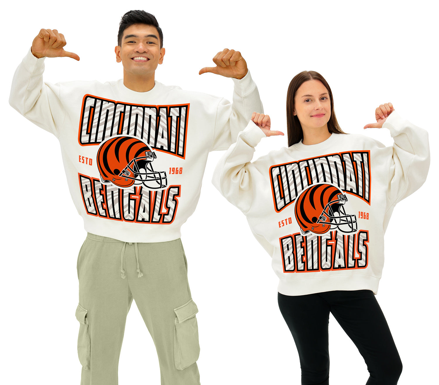 Zubaz NFL  UNISEX 90s Helmet Drop Shoulder Crewneck -Off White, CINCINNATI BENGALS