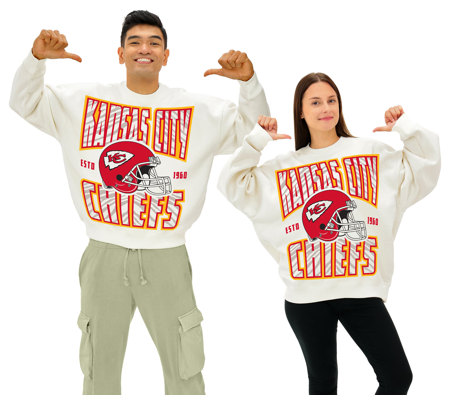 Zubaz NFL  UNISEX 90s Helmet Drop Shoulder Crewneck -Off White, KANSAS CITY CHIEFS