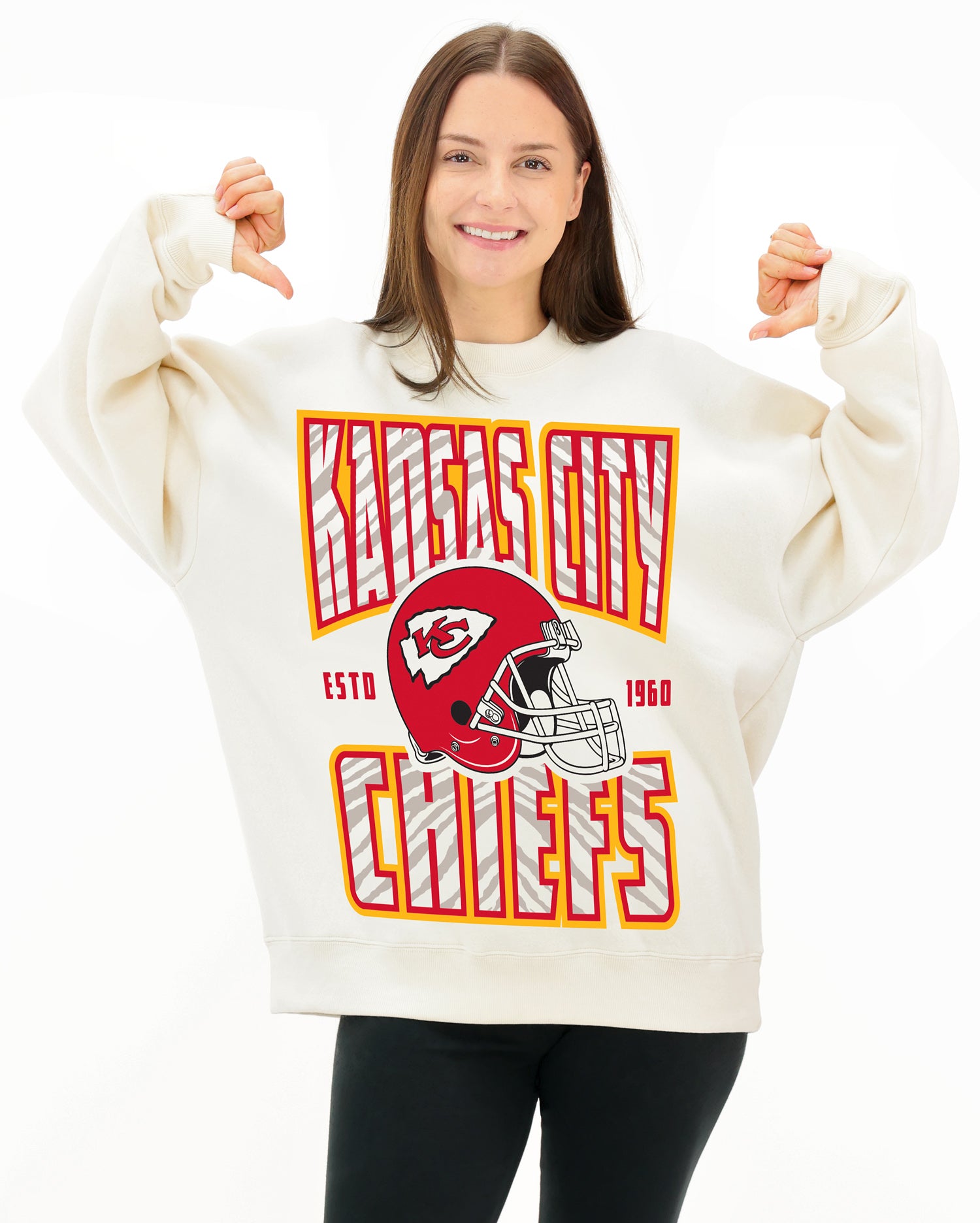 Zubaz NFL  UNISEX 90s Helmet Drop Shoulder Crewneck -Off White, KANSAS CITY CHIEFS