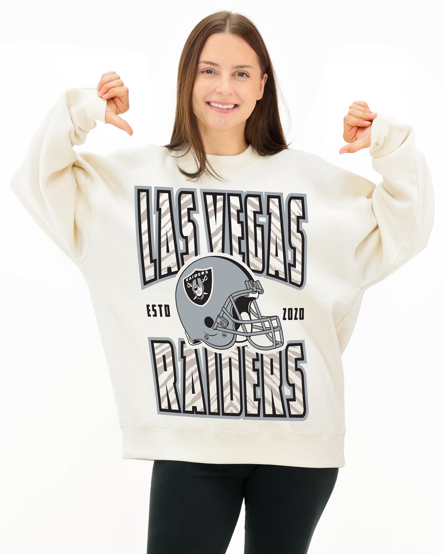 Zubaz NFL  UNISEX 90s Helmet Drop Shoulder Crewneck -Off White, LAS VEGAS RAIDERS