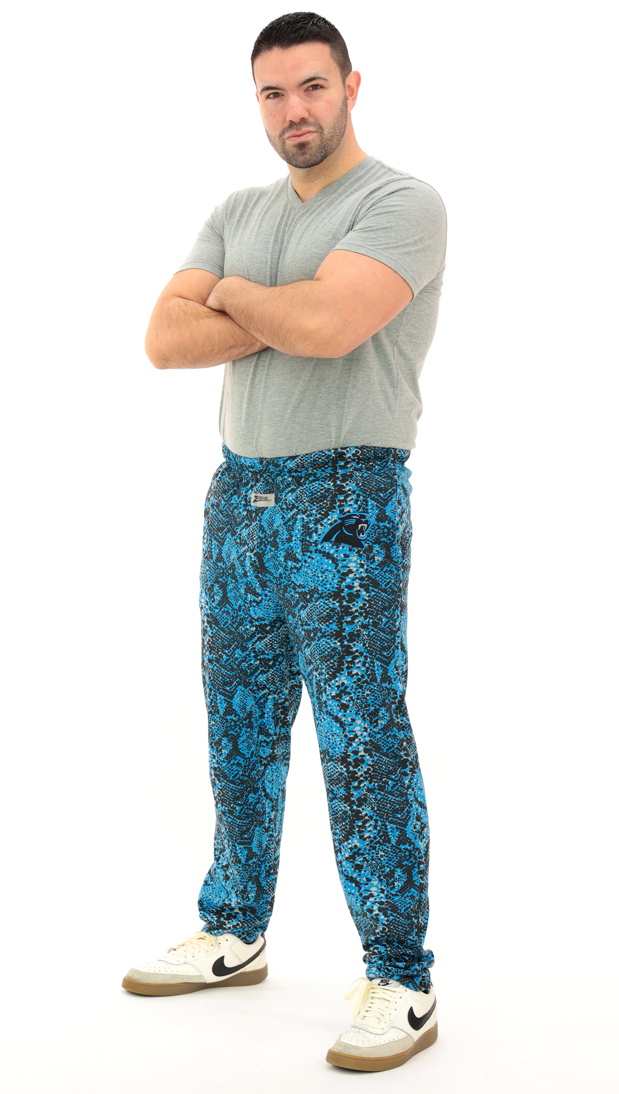 Zubaz NFL Adult Unisex for Men and Women Z88 Embroidered Post Pattern Pants, Carolina Pantshers