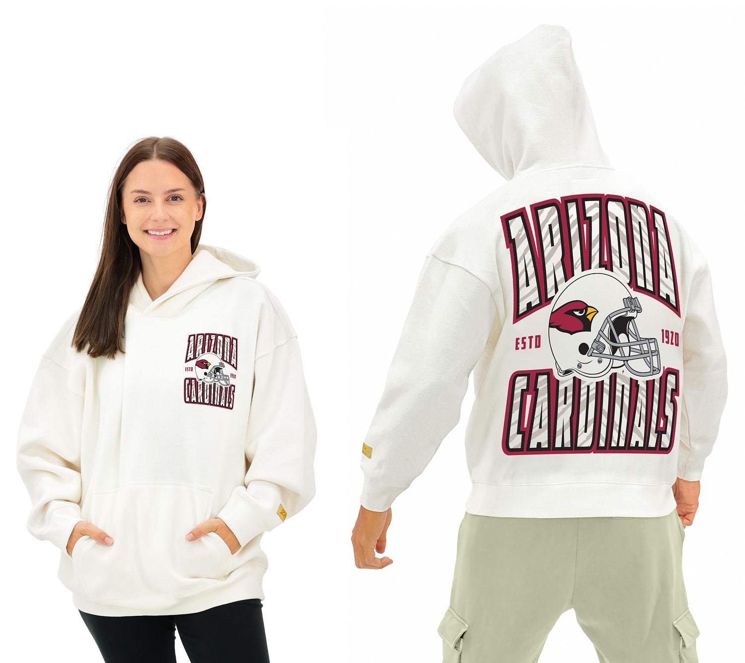 Zubaz NFL  UNISEX 90s Helmet Drop Shoulder Hoodies-Off White, ARIZONA CARDINALS