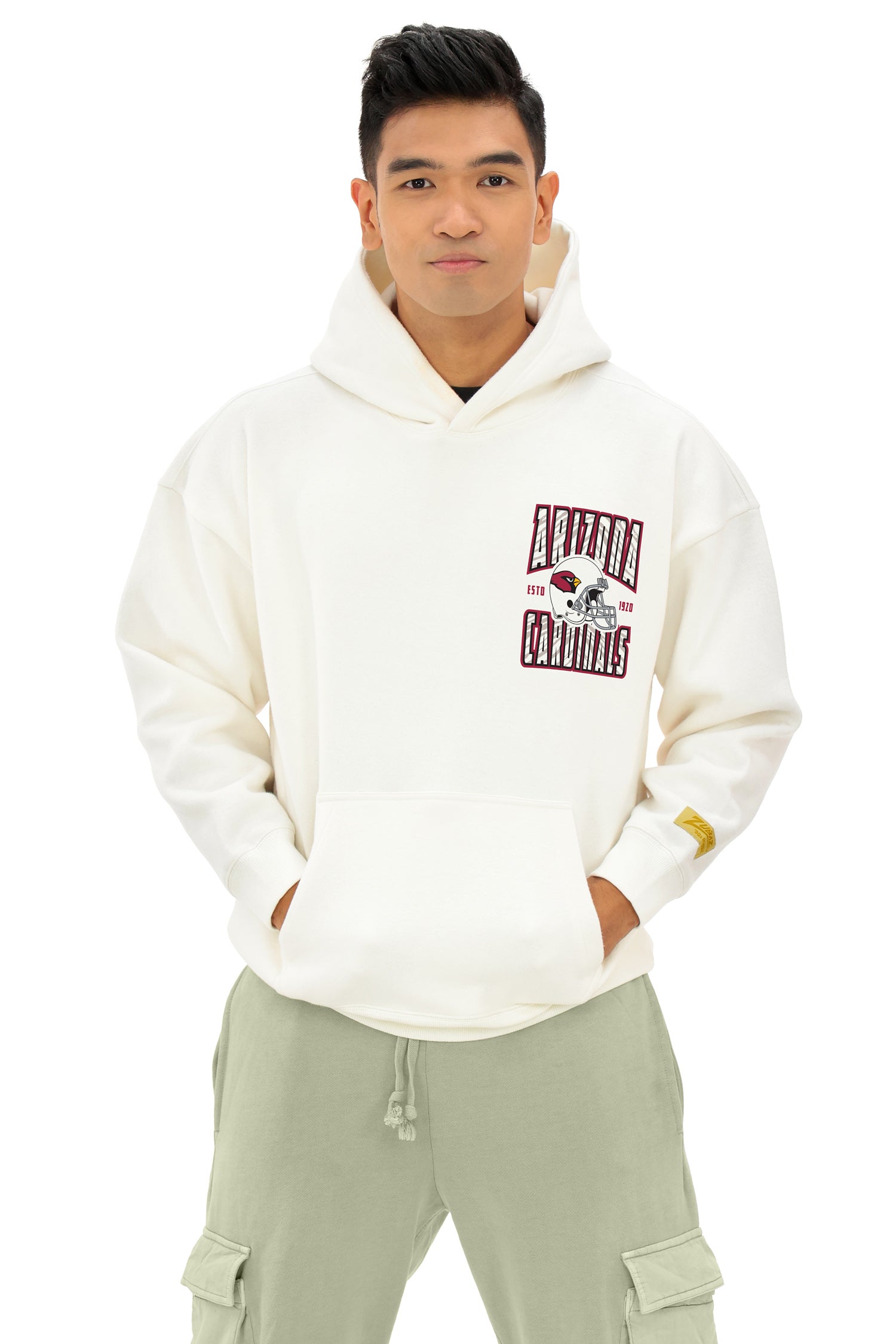 Zubaz NFL  UNISEX 90s Helmet Drop Shoulder Hoodies-Off White, ARIZONA CARDINALS