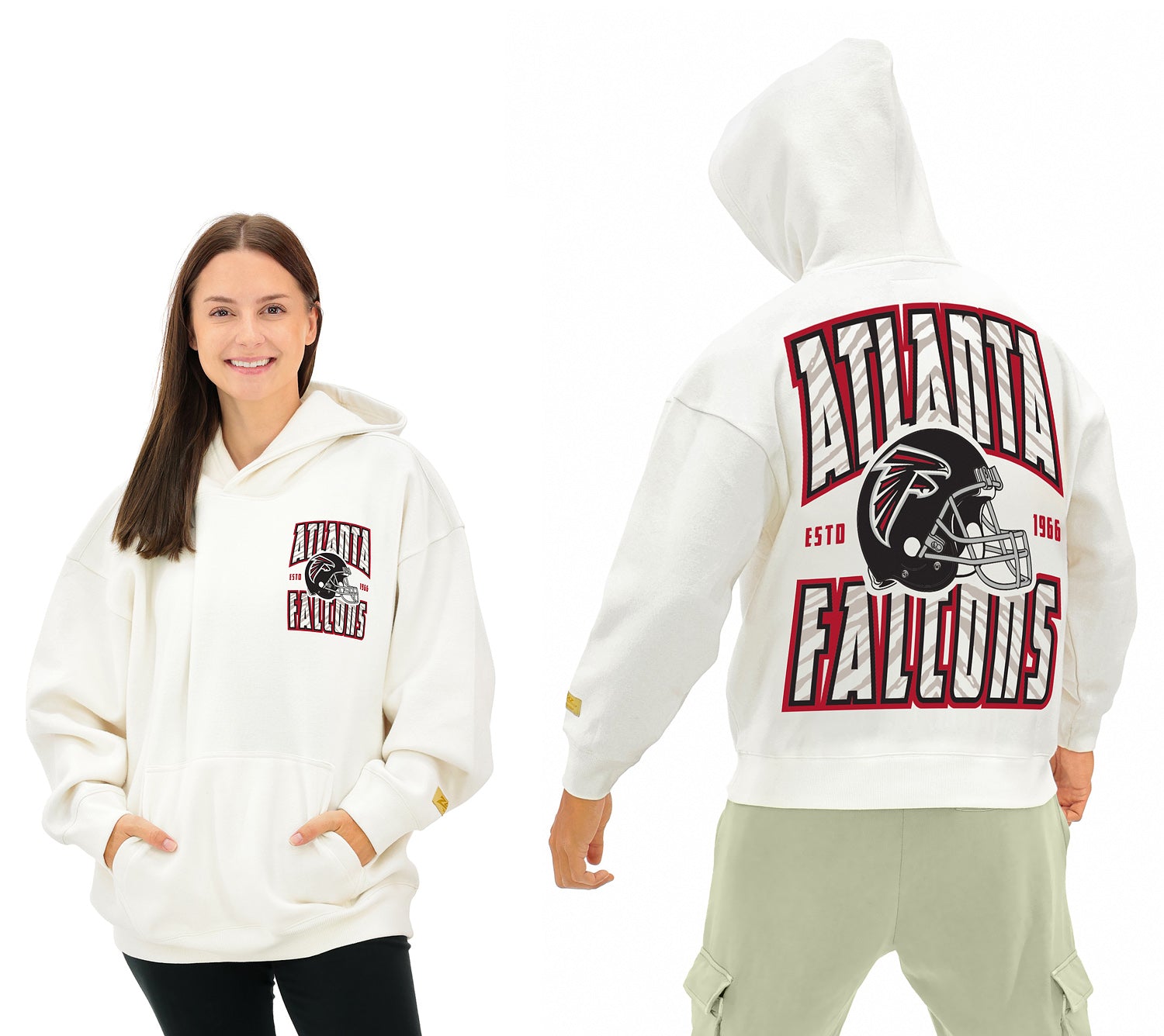 Zubaz NFL  UNISEX 90s Helmet Drop Shoulder Hoodies-Off White, ATLANTA FALCONS