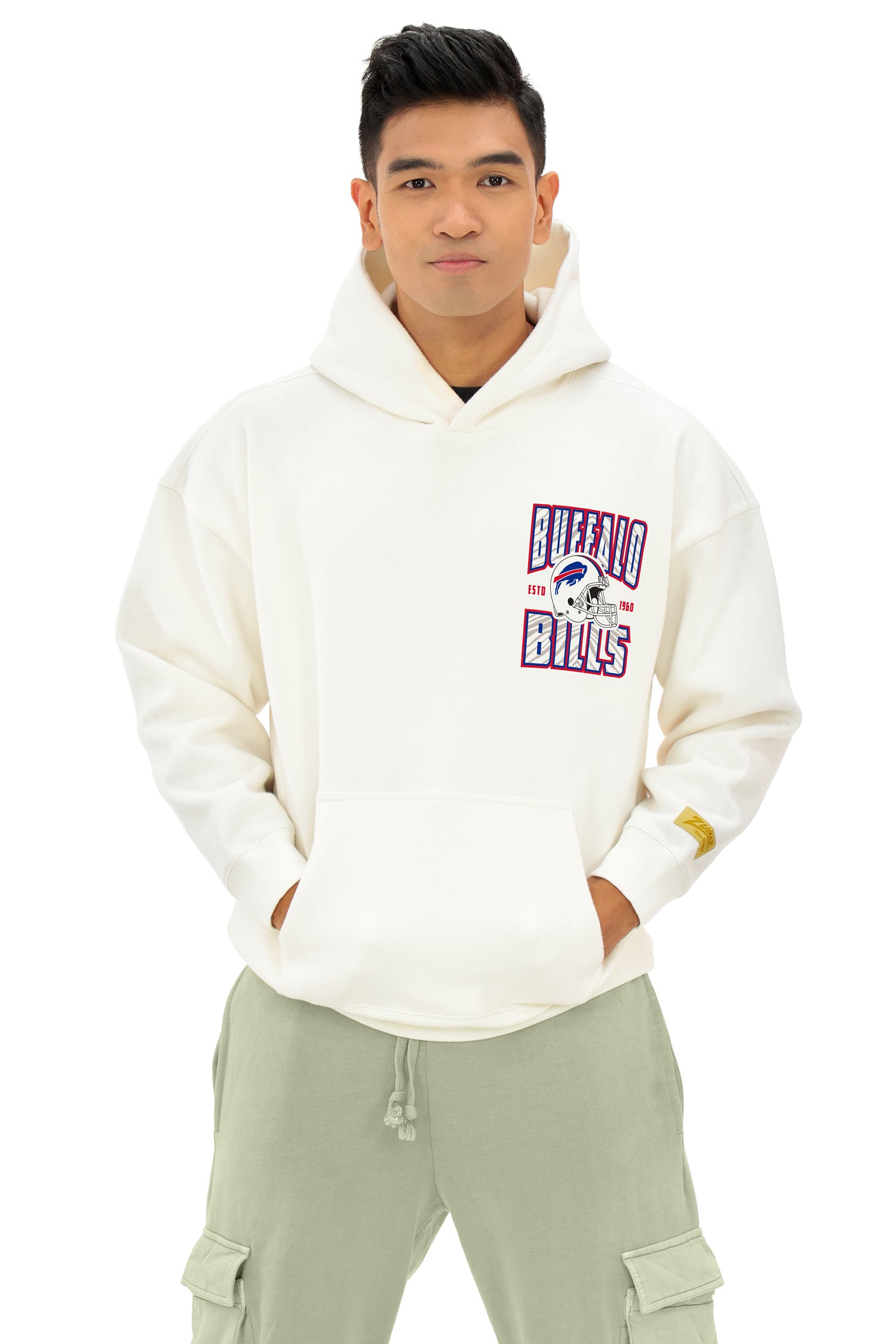 Zubaz NFL  UNISEX 90s Helmet Drop Shoulder Hoodies-Off White, BUFFALO BILLS