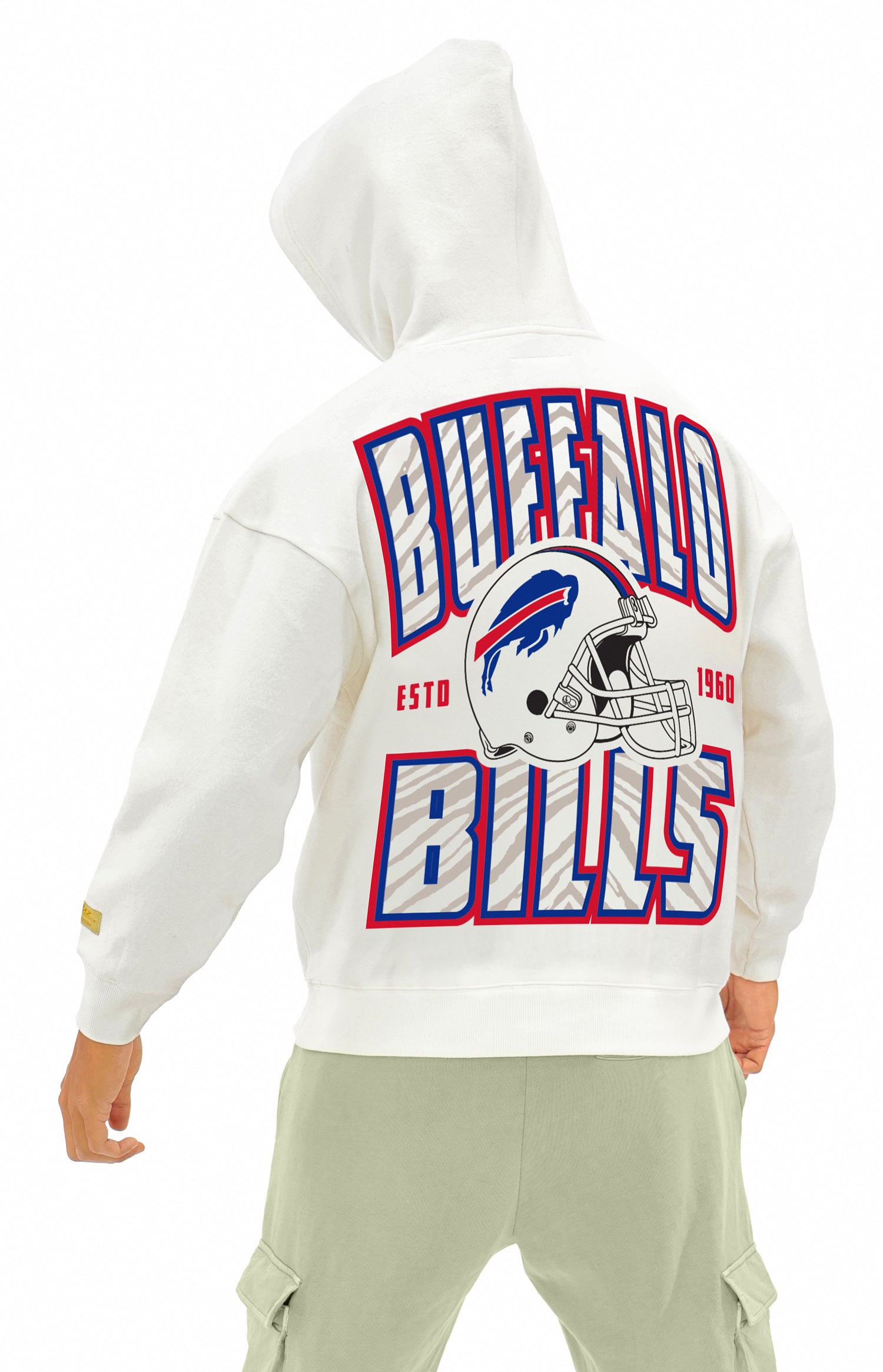 Zubaz NFL  UNISEX 90s Helmet Drop Shoulder Hoodies-Off White, BUFFALO BILLS