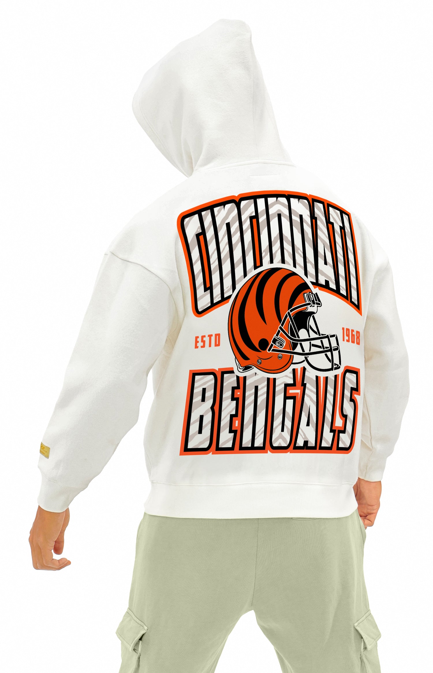 Zubaz NFL  UNISEX 90s Helmet Drop Shoulder Hoodies-Off White, CINCINNATI BENGALS