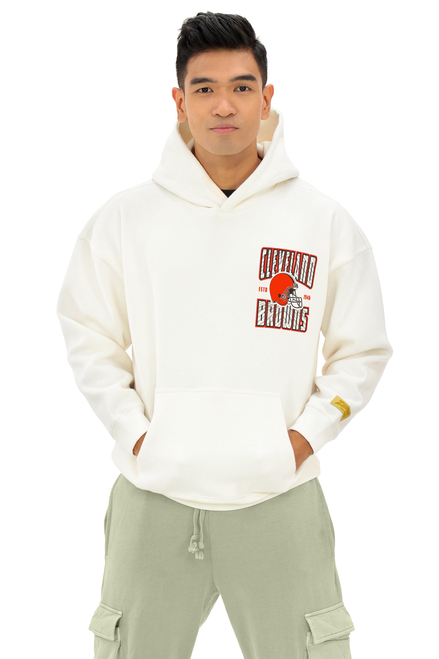 Zubaz NFL  UNISEX 90s Helmet Drop Shoulder Hoodies-Off White, CLEVELAND BROWNS